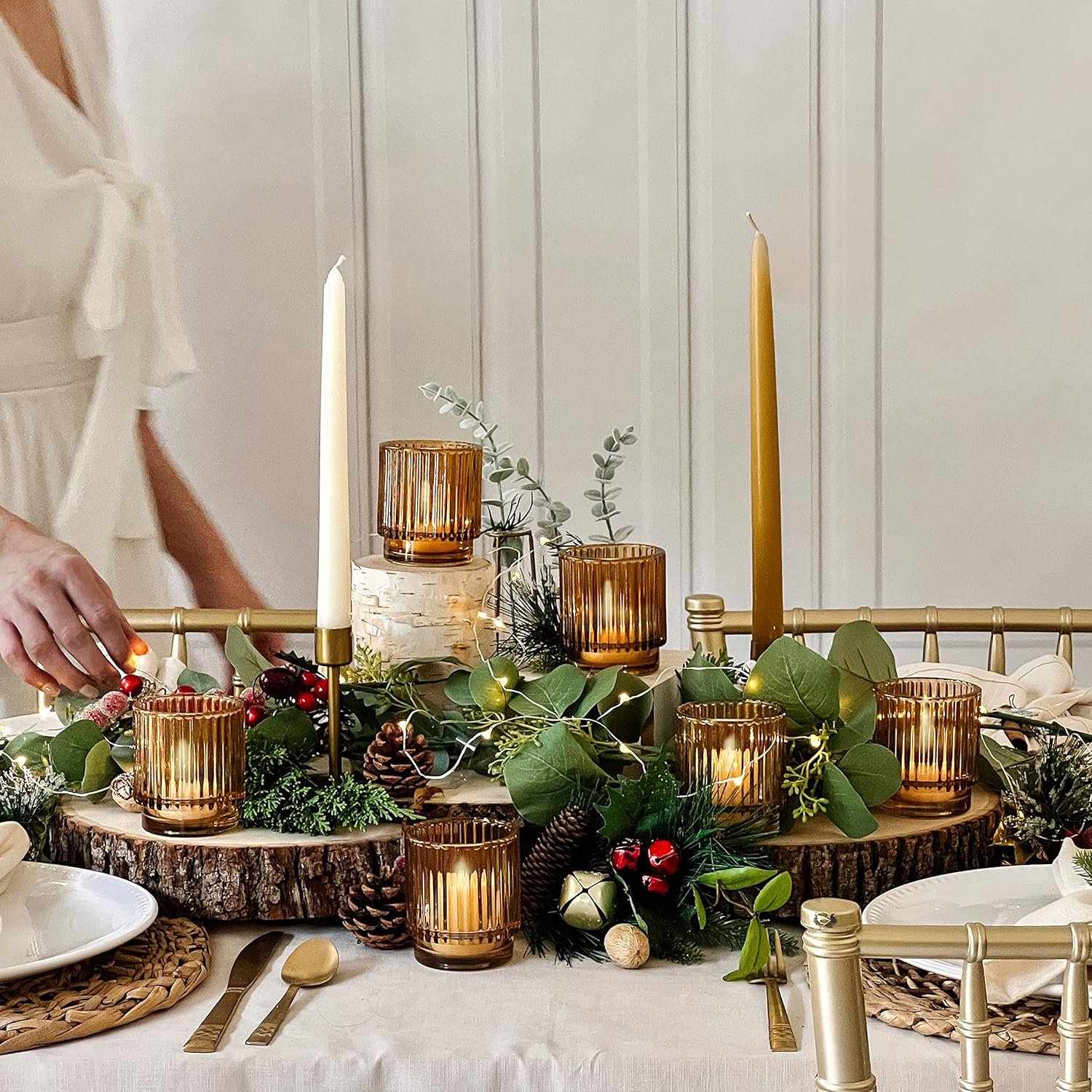 Kate Aspen Vintage Glass Tealight & Amber Votive Candle Holders (Set of 6) Rustic Fluted Candle Holder Set, Boho Home Decor, Wedding Table Centerpieces, Farmhouse Kitchen Table Decor - Image 4