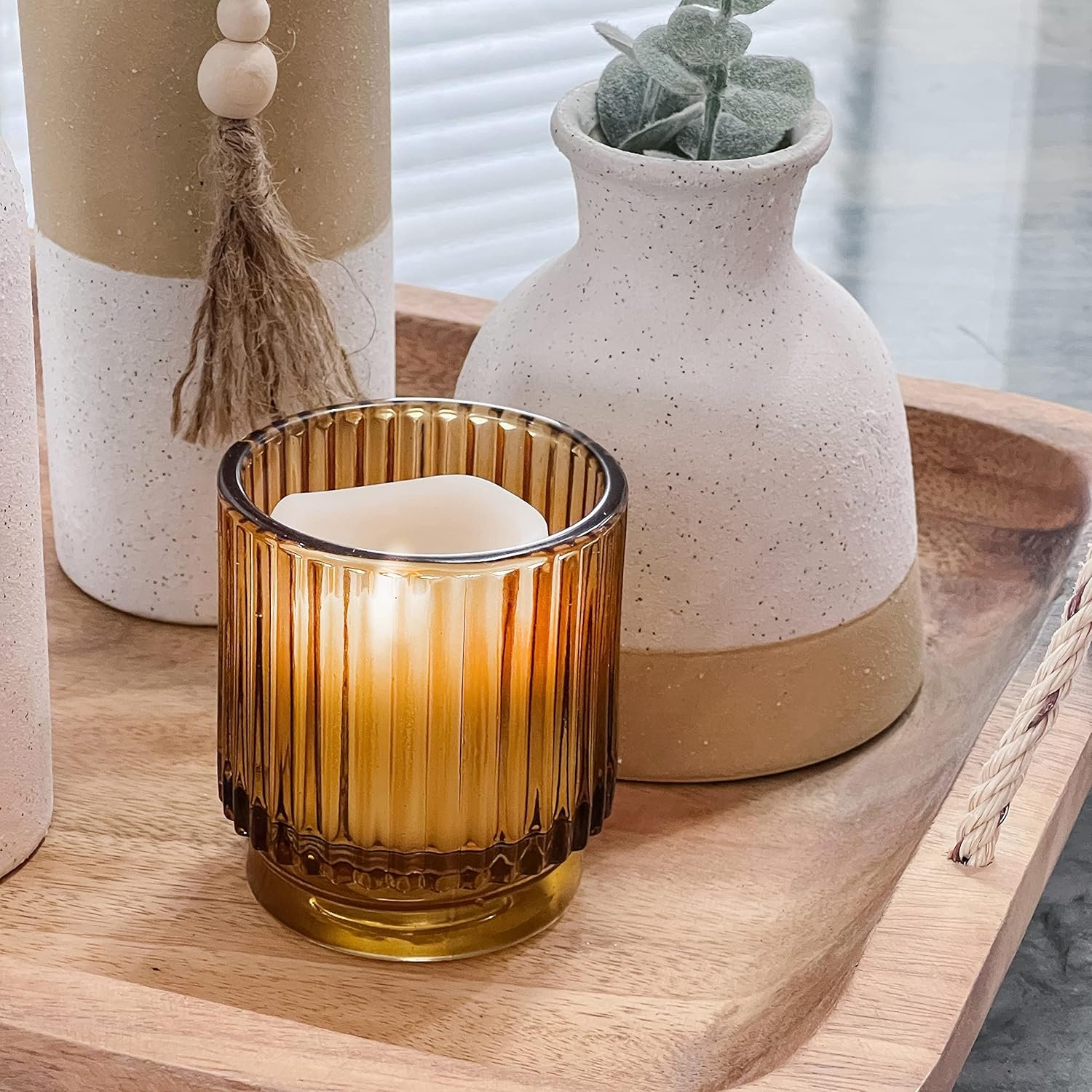 Kate Aspen Vintage Glass Tealight & Amber Votive Candle Holders (Set of 6) Rustic Fluted Candle Holder Set, Boho Home Decor, Wedding Table Centerpieces, Farmhouse Kitchen Table Decor - Image 5