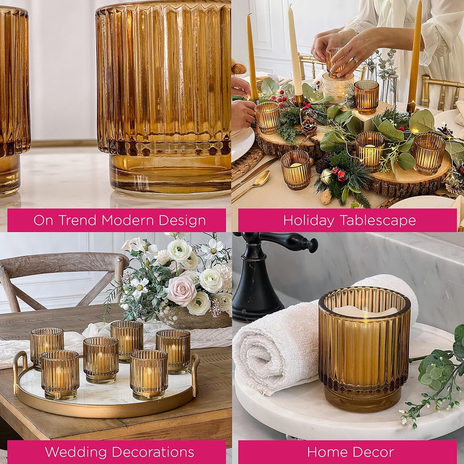 Kate Aspen Vintage Glass Tealight & Amber Votive Candle Holders (Set of 6) Rustic Fluted Candle Holder Set, Boho Home Decor, Wedding Table Centerpieces, Farmhouse Kitchen Table Decor - Image 6