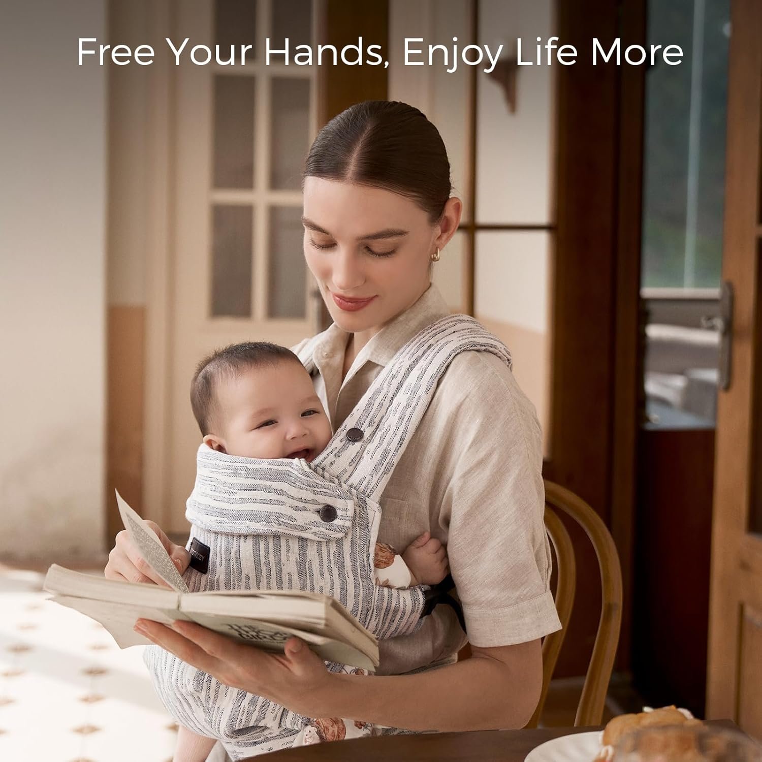Momcozy Baby Carrier - Ergonomic, Cozy and Lightweight Carrier for 7-45lbs, Effortless to Put On, Ideal for Hands-Free Parenting, Enhanced Lumbar Support, Time Heritage Beige - Image 8