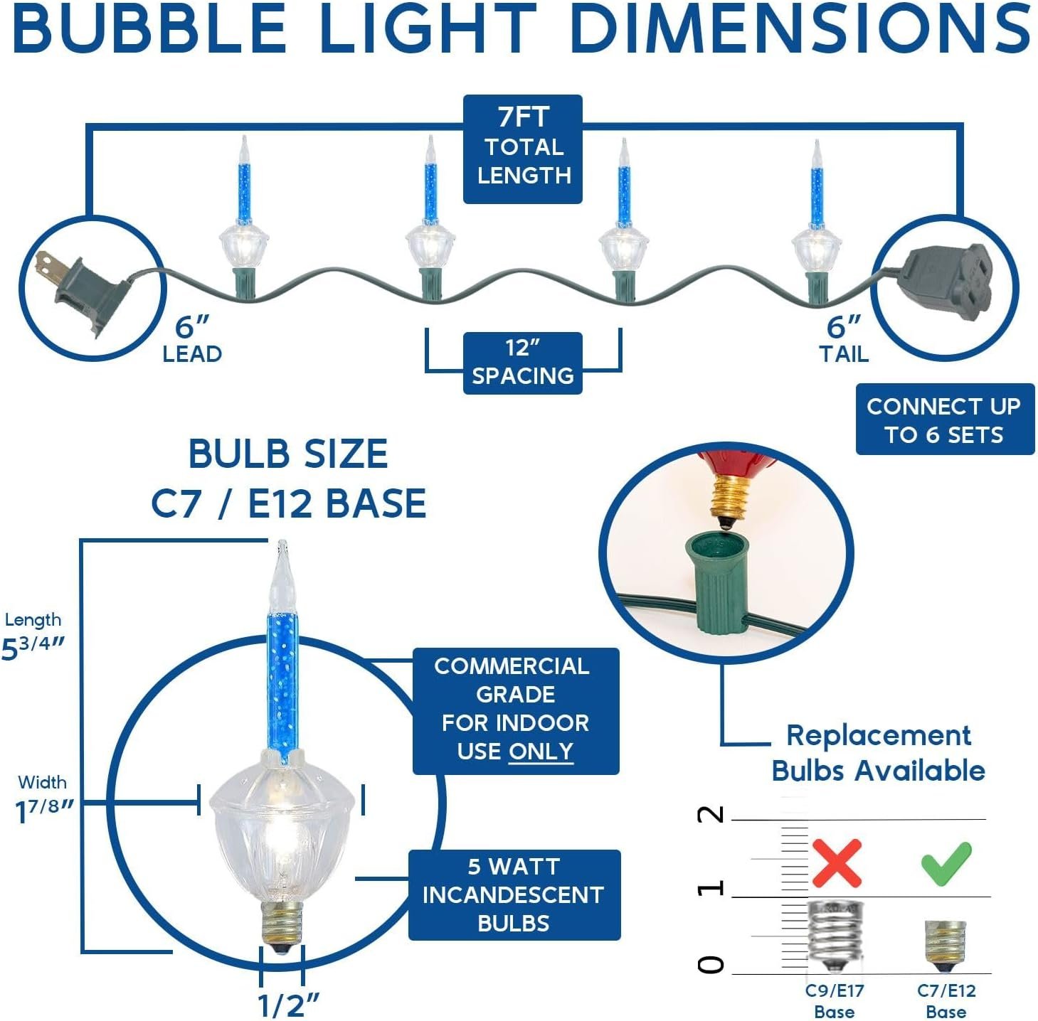 Novelty Lights Traditional Bubble Light Set, 7 Feet 7 Bulbs Red/Blue/Yellow Liquid with Multicolor Bases, 5 Watt E12/C7 Bulbs for Indoor Christmas Trees, Nostalgic Holiday Home Decor - Image 4