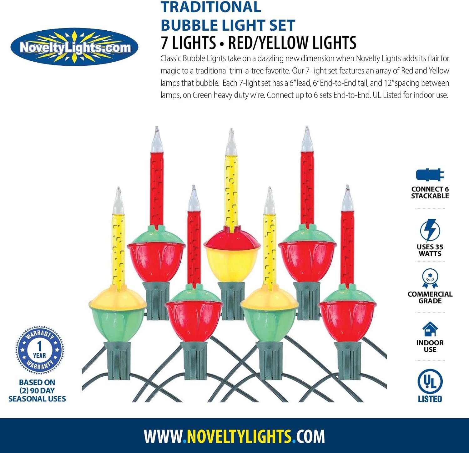 Novelty Lights Traditional Bubble Light Set, 7 Feet 7 Bulbs Red/Blue/Yellow Liquid with Multicolor Bases, 5 Watt E12/C7 Bulbs for Indoor Christmas Trees, Nostalgic Holiday Home Decor - Image 9