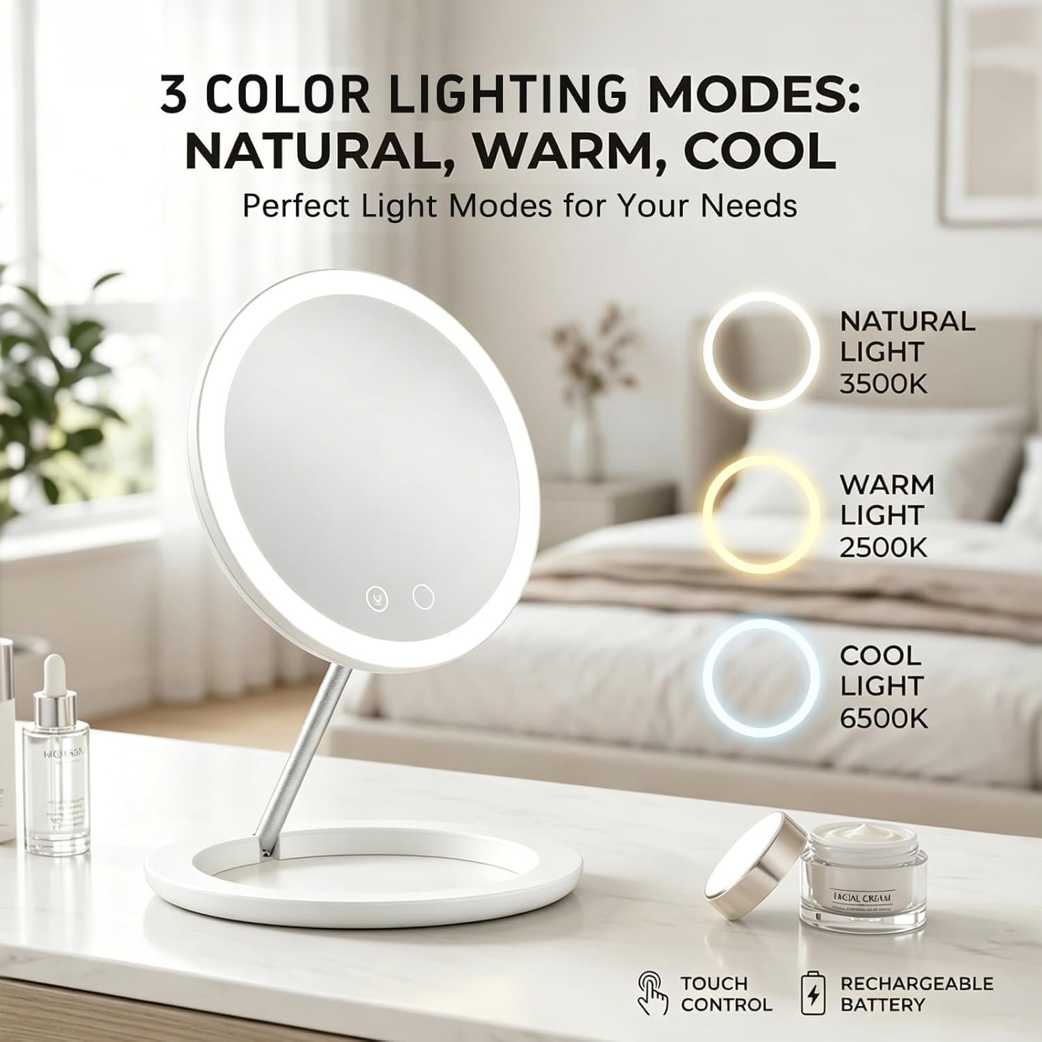 Lightweight Travel Makeup Mirror with Lights, Brightness Adjustable Vanity Mirror with 3 Colors, Rechargeable Height Adjustable Foldable Portable Beauty Mirror for Desk & Travel - Image 4