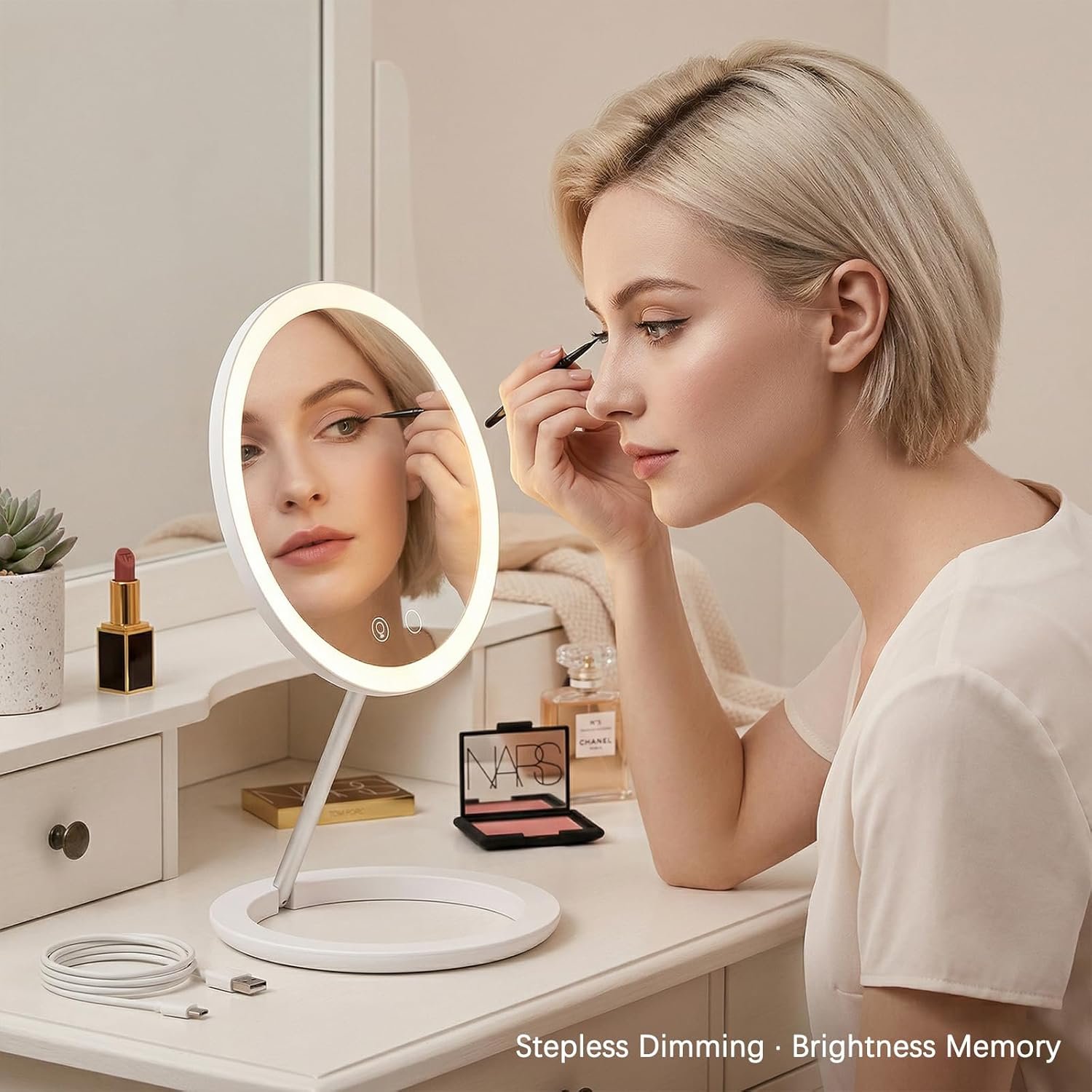Lightweight Travel Makeup Mirror with Lights, Brightness Adjustable Vanity Mirror with 3 Colors, Rechargeable Height Adjustable Foldable Portable Beauty Mirror for Desk & Travel - Image 5