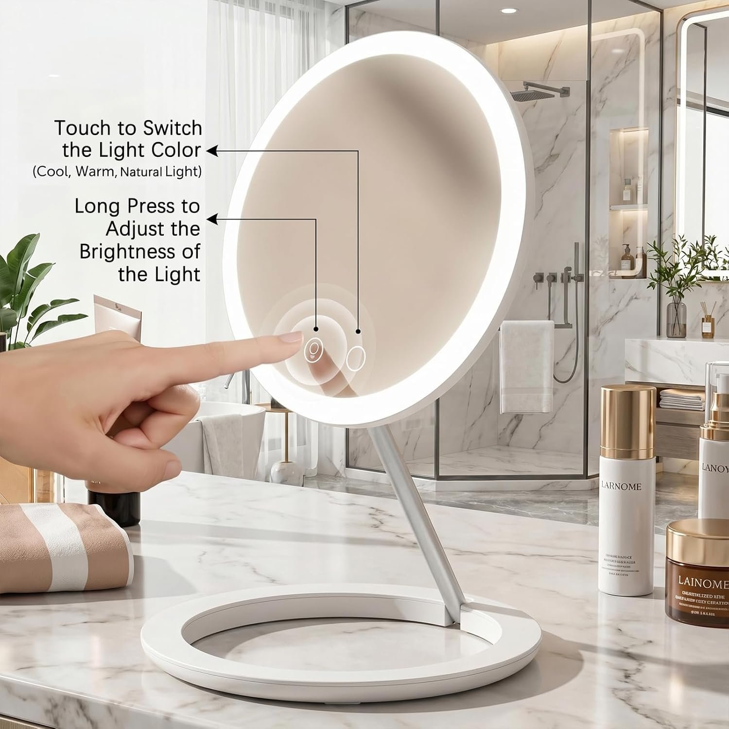 Lightweight Travel Makeup Mirror with Lights, Brightness Adjustable Vanity Mirror with 3 Colors, Rechargeable Height Adjustable Foldable Portable Beauty Mirror for Desk & Travel - Image 6