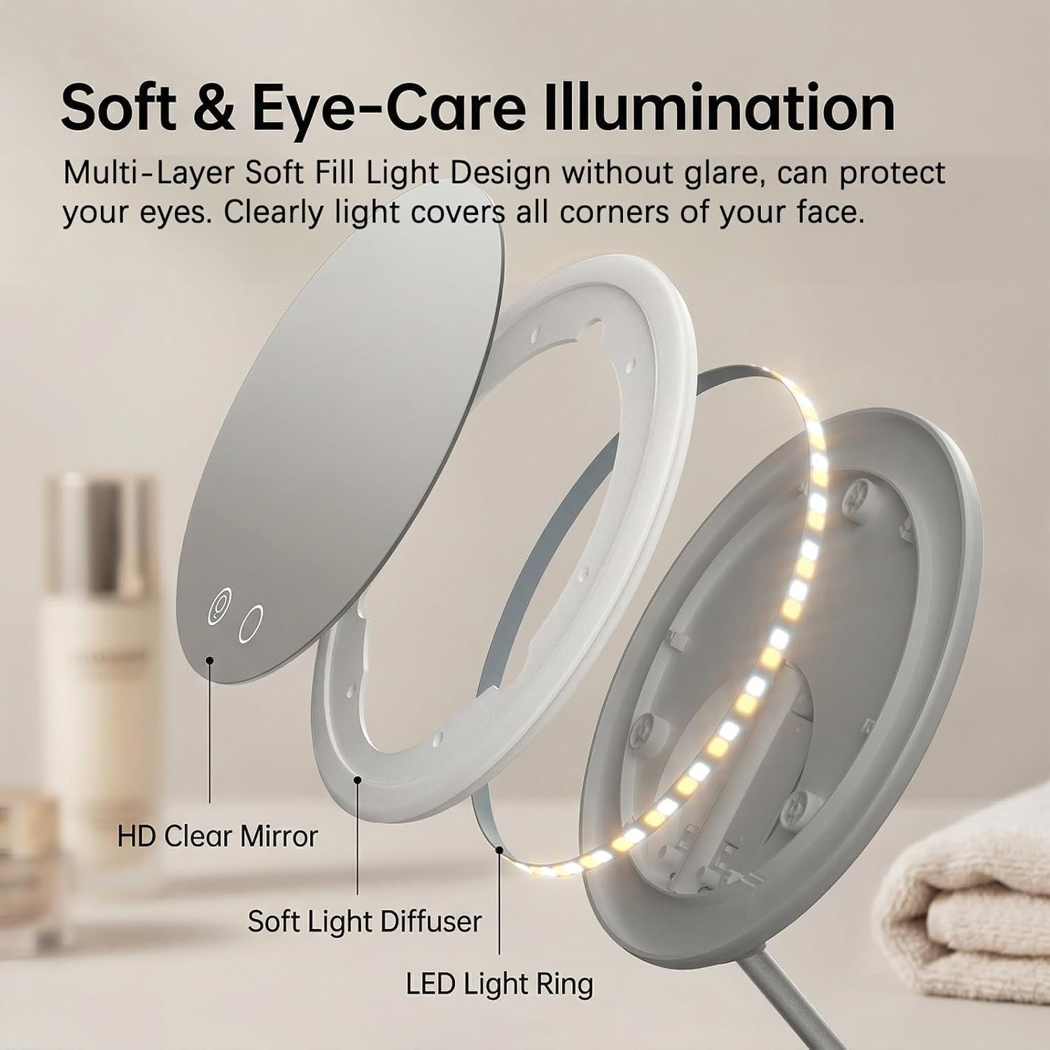 Lightweight Travel Makeup Mirror with Lights, Brightness Adjustable Vanity Mirror with 3 Colors, Rechargeable Height Adjustable Foldable Portable Beauty Mirror for Desk & Travel - Image 7