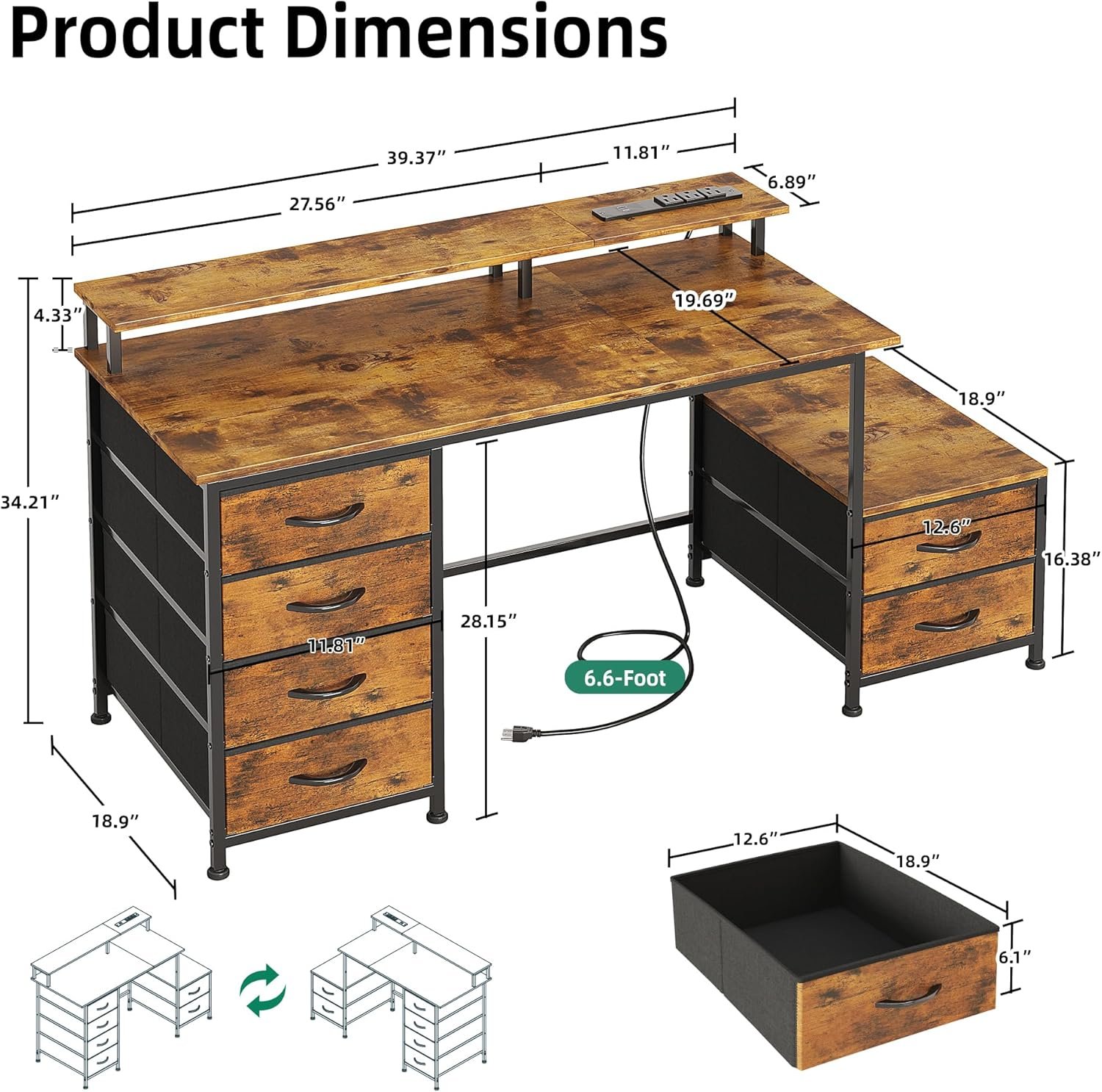 52 Inch Office Desk with 6 Drawers and Printer Space for Storage, Reversible Computer Desk with Monitor Stand & Power Outlets, Home Office Desks, Vintage - Image 4