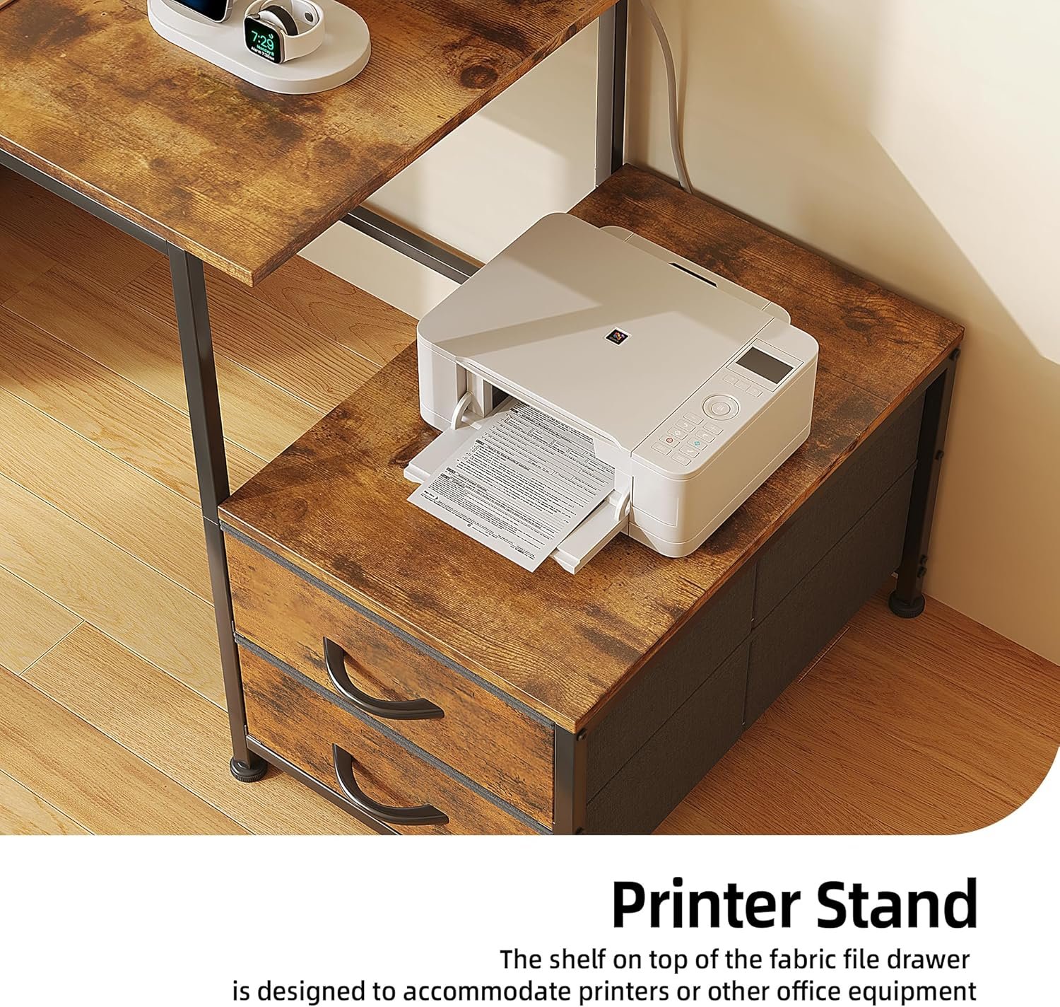 52 Inch Office Desk with 6 Drawers and Printer Space for Storage, Reversible Computer Desk with Monitor Stand & Power Outlets, Home Office Desks, Vintage - Image 5