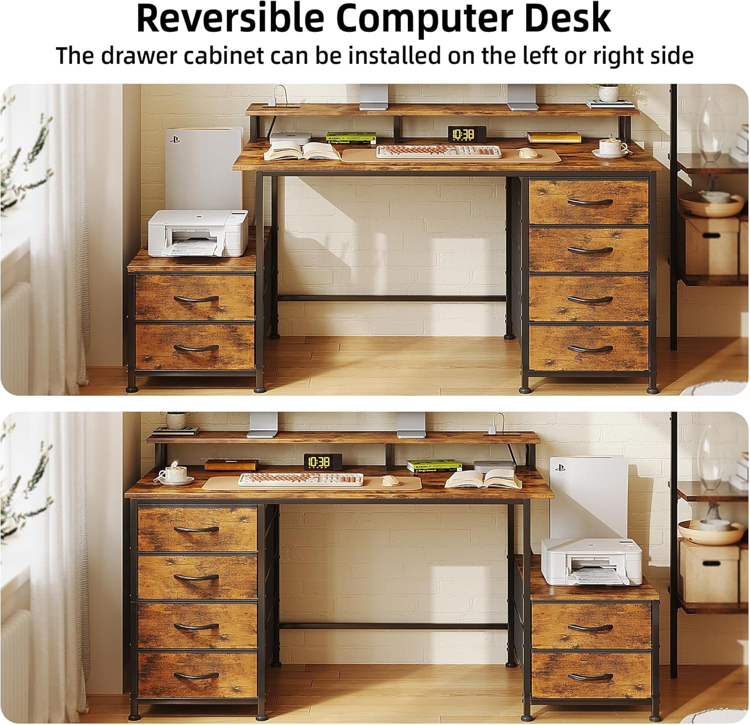 52 Inch Office Desk with 6 Drawers and Printer Space for Storage, Reversible Computer Desk with Monitor Stand & Power Outlets, Home Office Desks, Vintage - Image 8