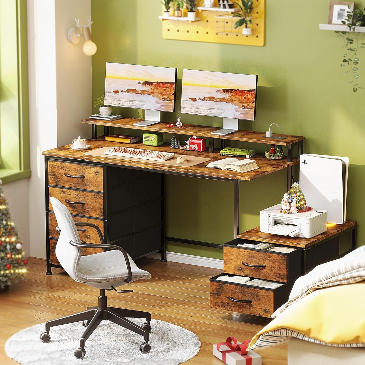52 Inch Office Desk with 6 Drawers and Printer Space for Storage, Reversible Computer Desk with Monitor Stand & Power Outlets, Home Office Desks, Vintage - Image 9