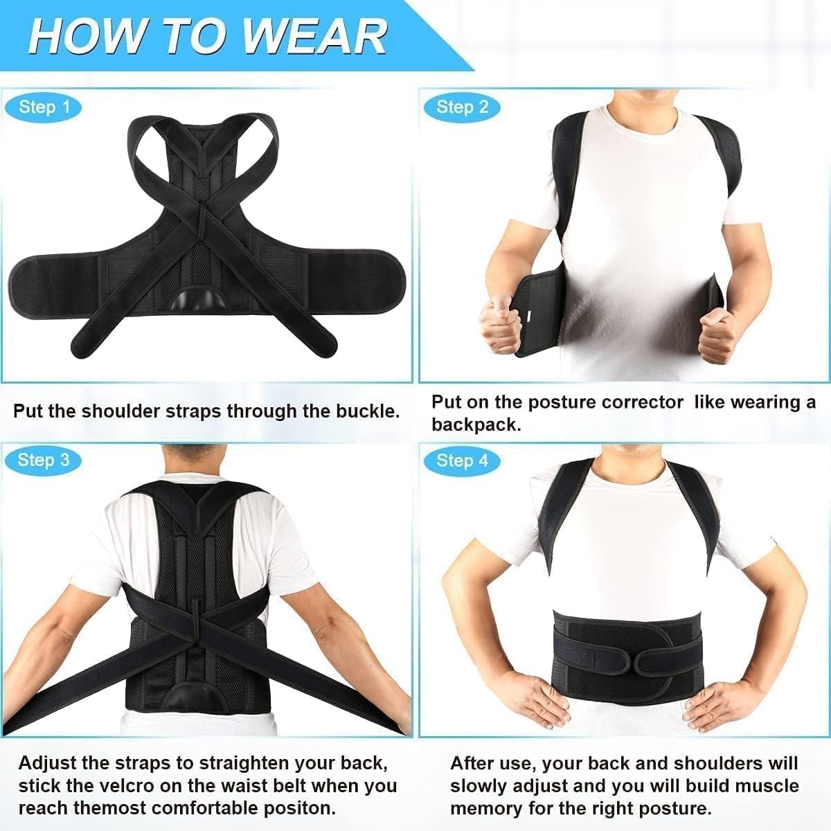 Posture Corrector for Women and Men, Adjustable Back Straightener Posture Corrector,Upper Lower Back Brace Support Belt for Men Women Body Neck Shoulder Trainer (XXXL, Black) - Image 8
