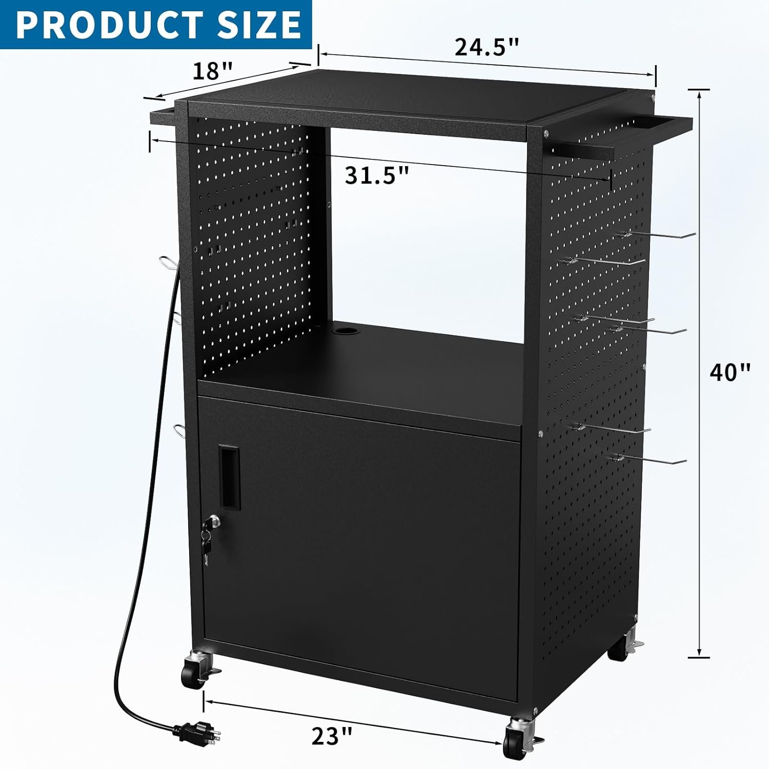 AV Presentation Media Cart Stand Up Desk with Storage Cabinet for Printer, Projector, Computers, TV, Rolling Storage Cart with Adjustable Shelves, Outlet and Cord for School Office Shop - Image 3