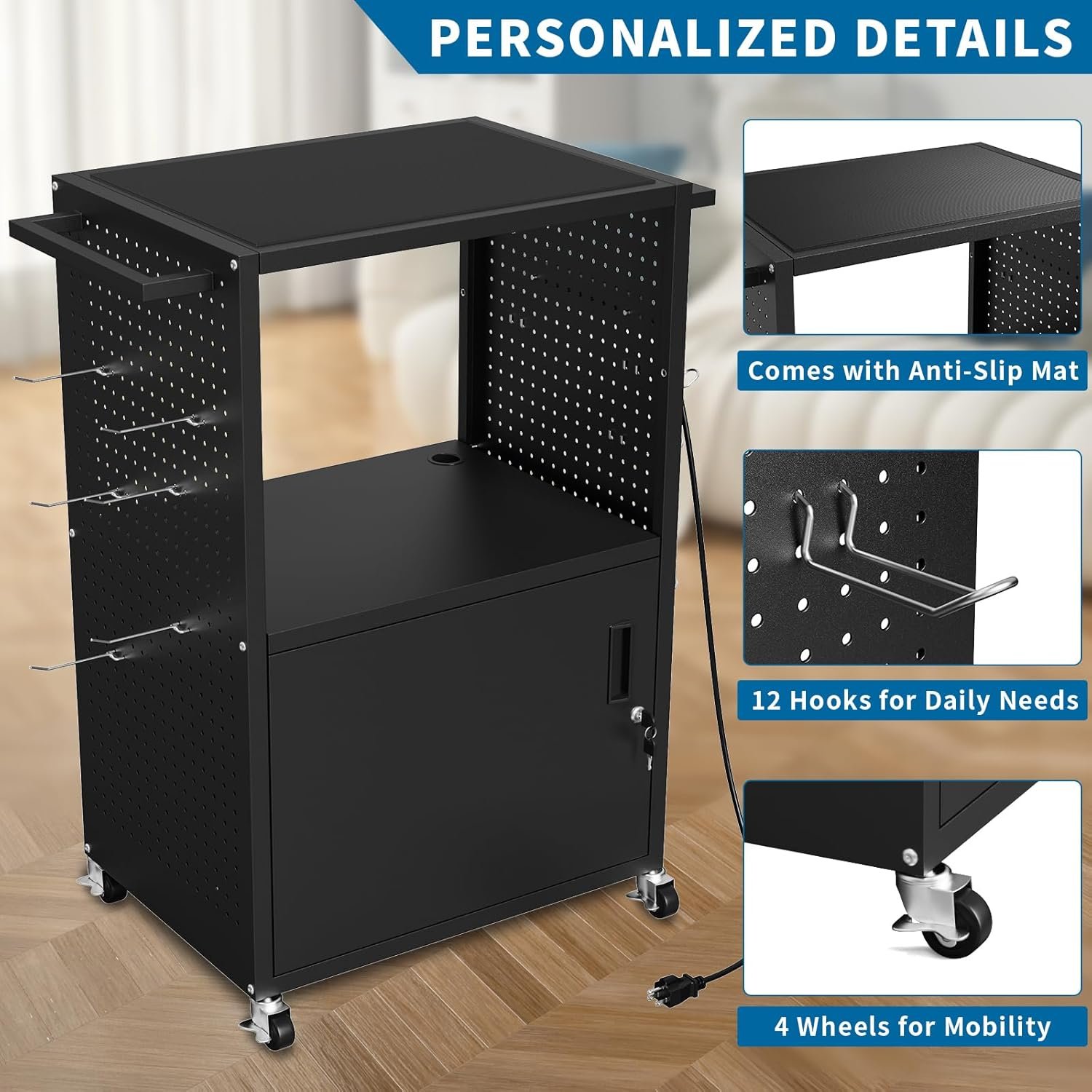 AV Presentation Media Cart Stand Up Desk with Storage Cabinet for Printer, Projector, Computers, TV, Rolling Storage Cart with Adjustable Shelves, Outlet and Cord for School Office Shop - Image 5