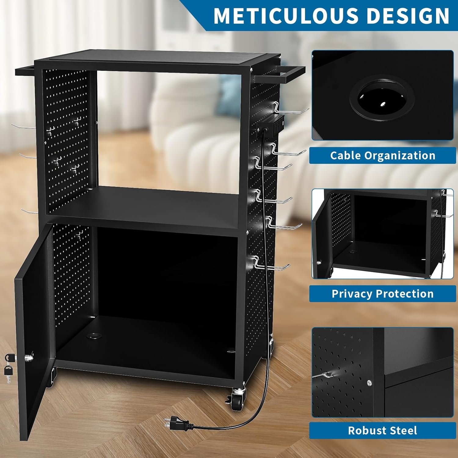 AV Presentation Media Cart Stand Up Desk with Storage Cabinet for Printer, Projector, Computers, TV, Rolling Storage Cart with Adjustable Shelves, Outlet and Cord for School Office Shop - Image 6