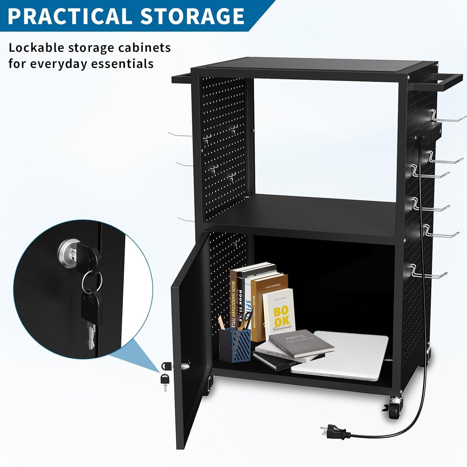 AV Presentation Media Cart Stand Up Desk with Storage Cabinet for Printer, Projector, Computers, TV, Rolling Storage Cart with Adjustable Shelves, Outlet and Cord for School Office Shop - Image 7