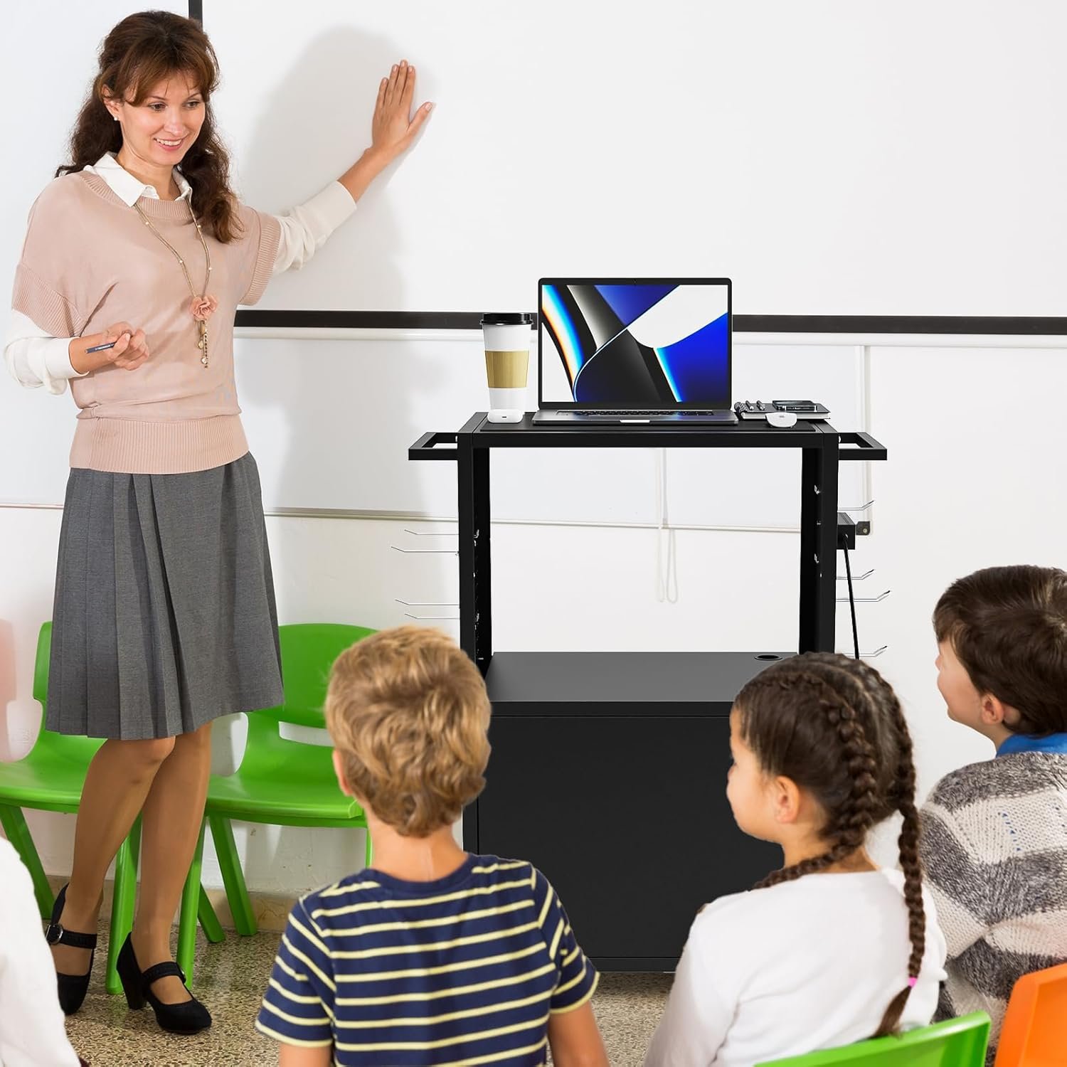 AV Presentation Media Cart Stand Up Desk with Storage Cabinet for Printer, Projector, Computers, TV, Rolling Storage Cart with Adjustable Shelves, Outlet and Cord for School Office Shop - Image 8