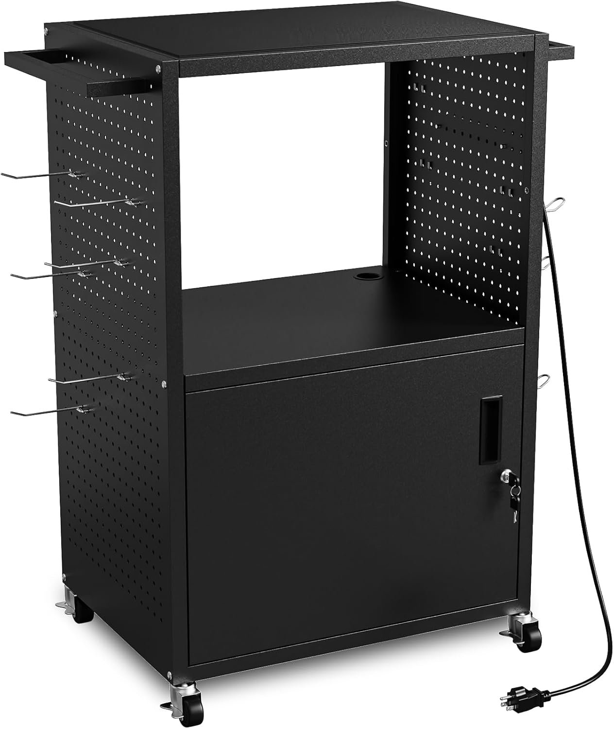 AV Presentation Media Cart Stand Up Desk with Storage Cabinet for Printer, Projector, Computers, TV, Rolling Storage Cart with Adjustable Shelves, Outlet and Cord for School Office Shop - Image 9
