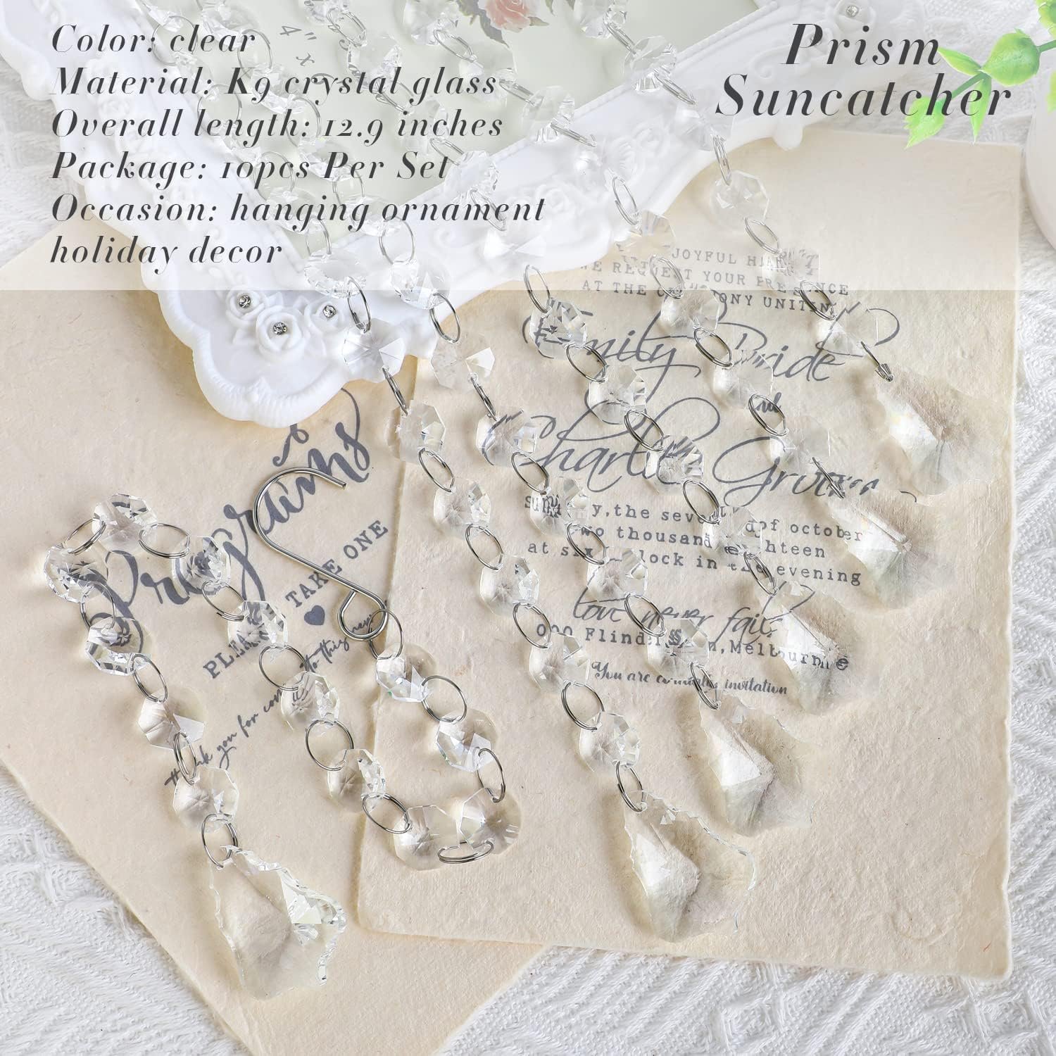 KANPURA 1ft Crystal Garland Strands,Hanging Chandelier Maple Leaf Crystals with 14mm Clear Octagon Chain Decorations for Christmas, Winter Party,Chandelier Centerpiece(10 Pack) - Image 6