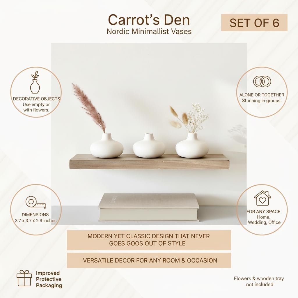 Carrot's Den - Set of 6 Nordic Minimalist White Ceramic Donut Bud Vases for Decor | Modern Boho Vases for Dry Flowers + House Plants | Wedding, Bookshelf, Home Decor, Coffee Table, Centerpiece (White) - Image 3