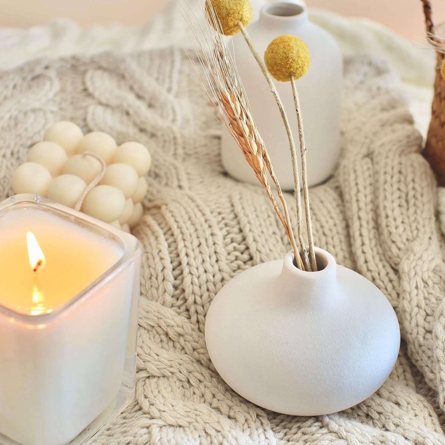 Carrot's Den - Set of 6 Nordic Minimalist White Ceramic Donut Bud Vases for Decor | Modern Boho Vases for Dry Flowers + House Plants | Wedding, Bookshelf, Home Decor, Coffee Table, Centerpiece (White) - Image 5