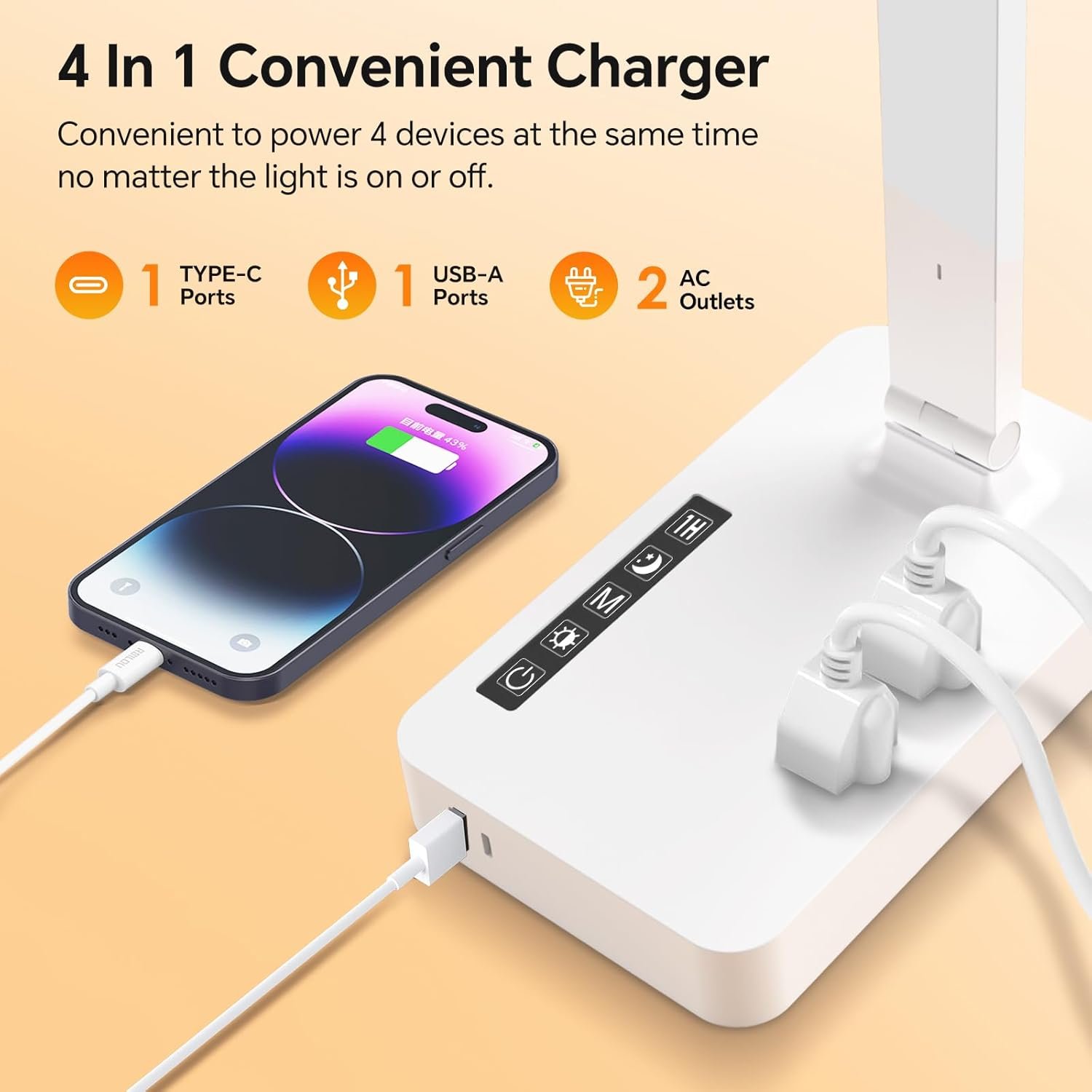LAOPAO Desk Lamp with USB Charging Port: Power Strip with Surge Protection - 1 Type-C, 1 USB-A Charging Port, 2 AC Power Outlets, Desk Lamps for Home Office College Dorm Room Essentials - Image 3