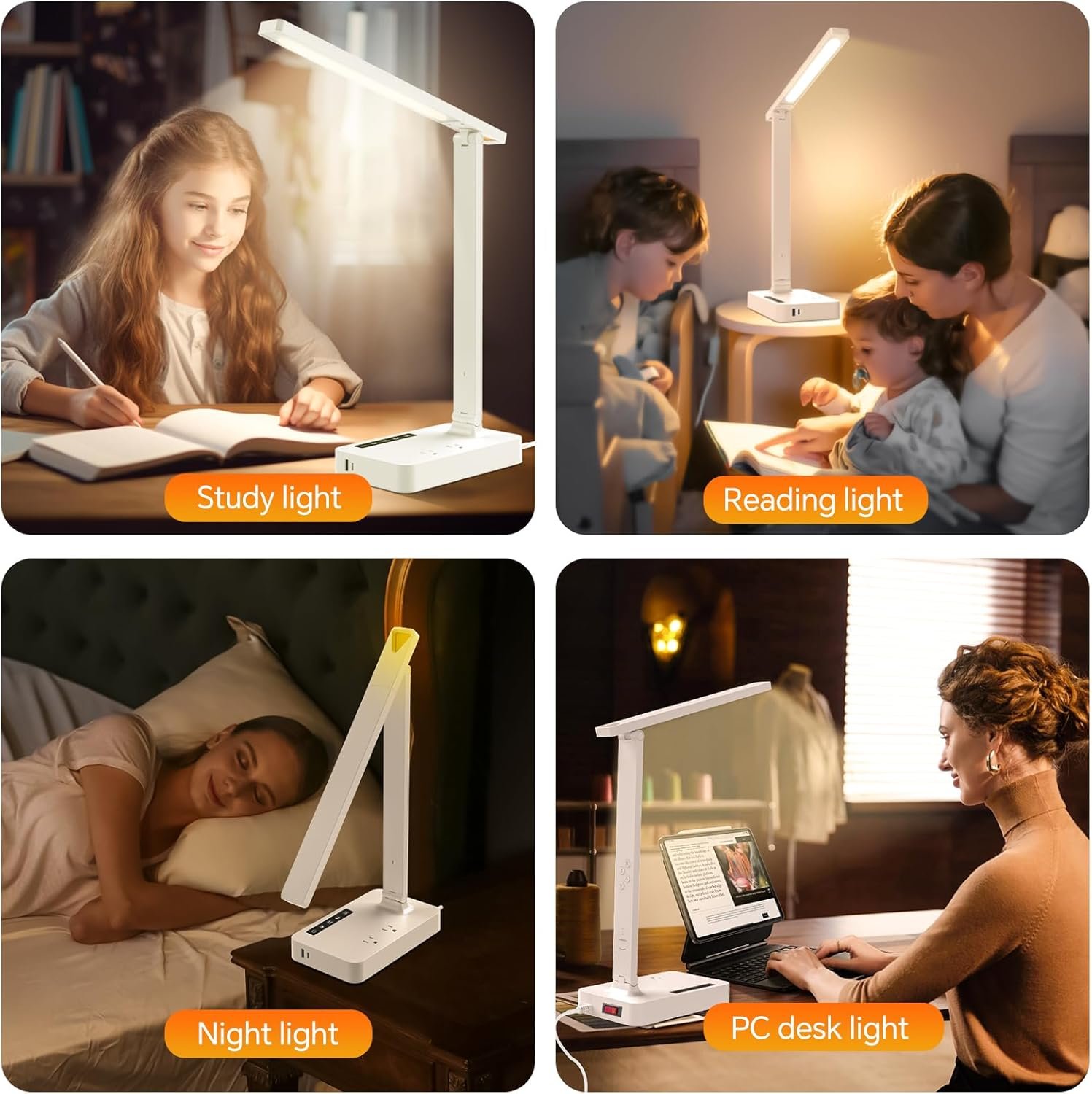 LAOPAO Desk Lamp with USB Charging Port: Power Strip with Surge Protection - 1 Type-C, 1 USB-A Charging Port, 2 AC Power Outlets, Desk Lamps for Home Office College Dorm Room Essentials - Image 9