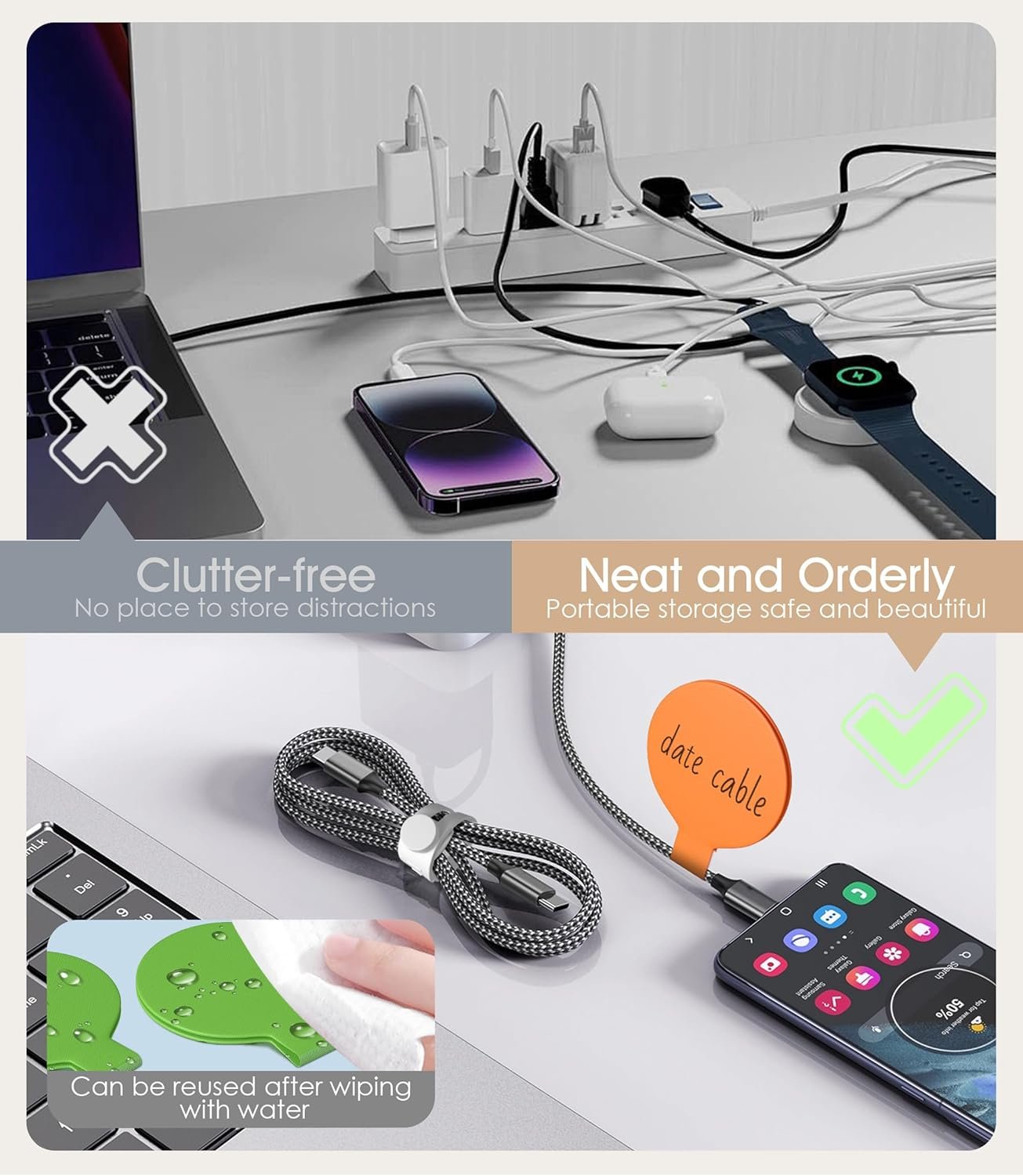 45Pcs Nearockle Cable Labels and Silicone Cable Ties Value Cable Management Set, 30 Cable Ties+15 Cord Labels for Electronics, Travel Home Office Desk Wire Organization(Multicolor) - Image 5