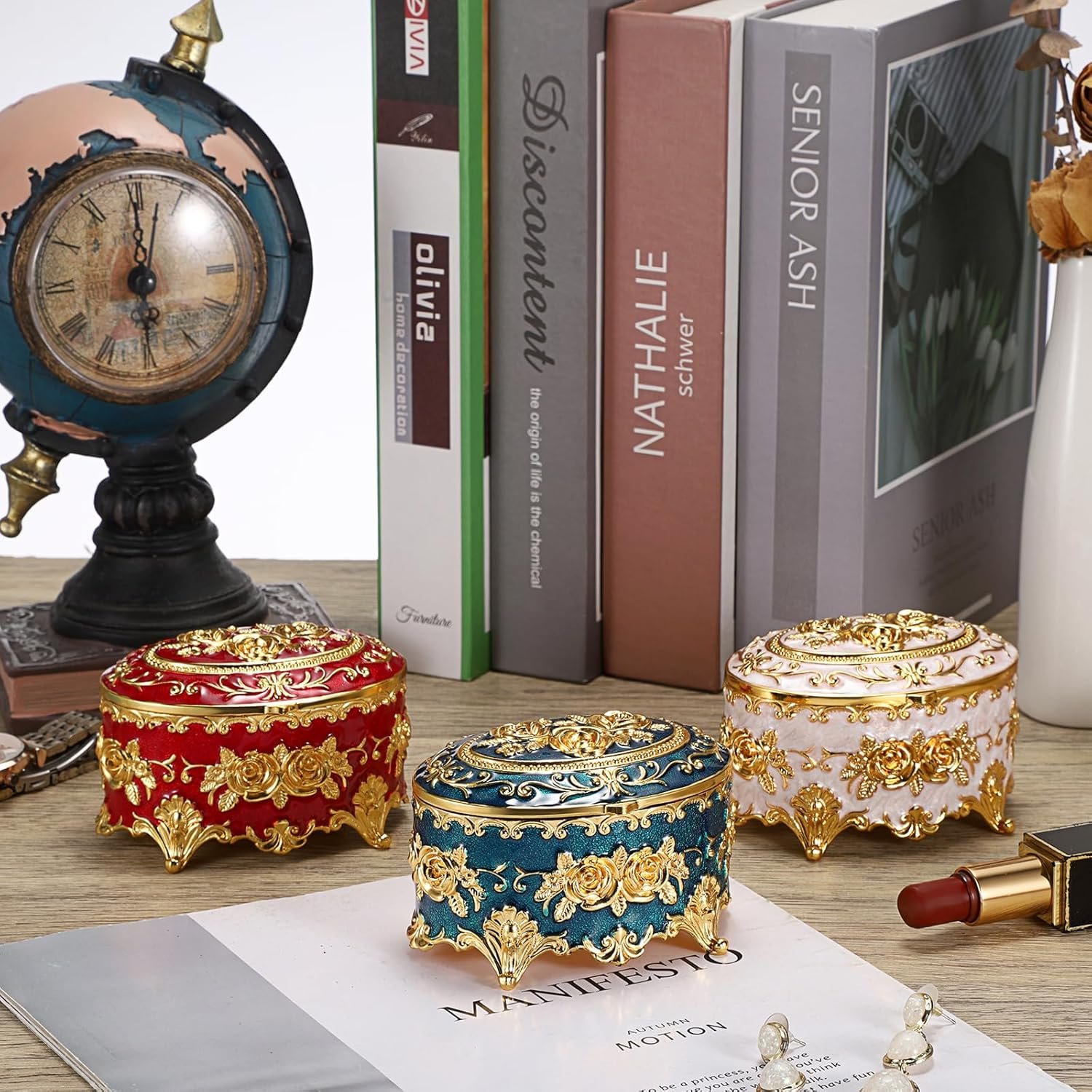 Hipiwe Vintage Metal Jewelry Box - Oval Trinket Organizer Ring Box Case with Rose Pattern Jewelry Storage Box for Ring Earrings Necklace, Gift for Women - Image 6