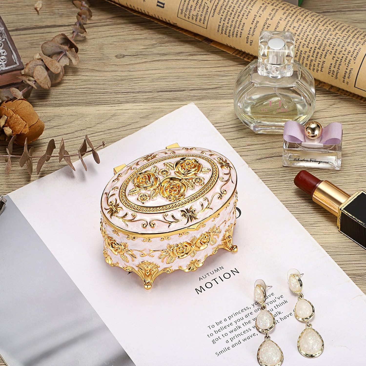 Hipiwe Vintage Metal Jewelry Box - Oval Trinket Organizer Ring Box Case with Rose Pattern Jewelry Storage Box for Ring Earrings Necklace, Gift for Women - Image 7