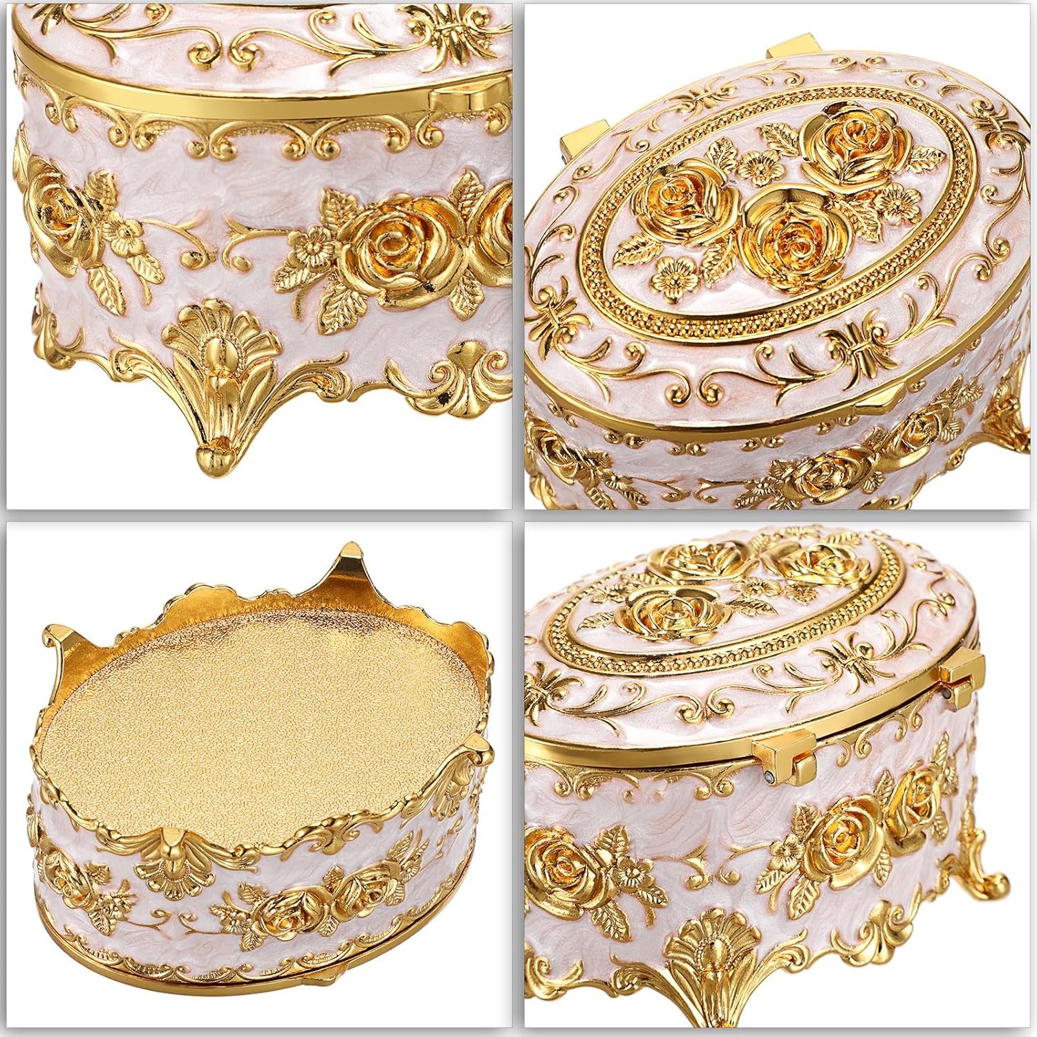 Hipiwe Vintage Metal Jewelry Box - Oval Trinket Organizer Ring Box Case with Rose Pattern Jewelry Storage Box for Ring Earrings Necklace, Gift for Women - Image 9