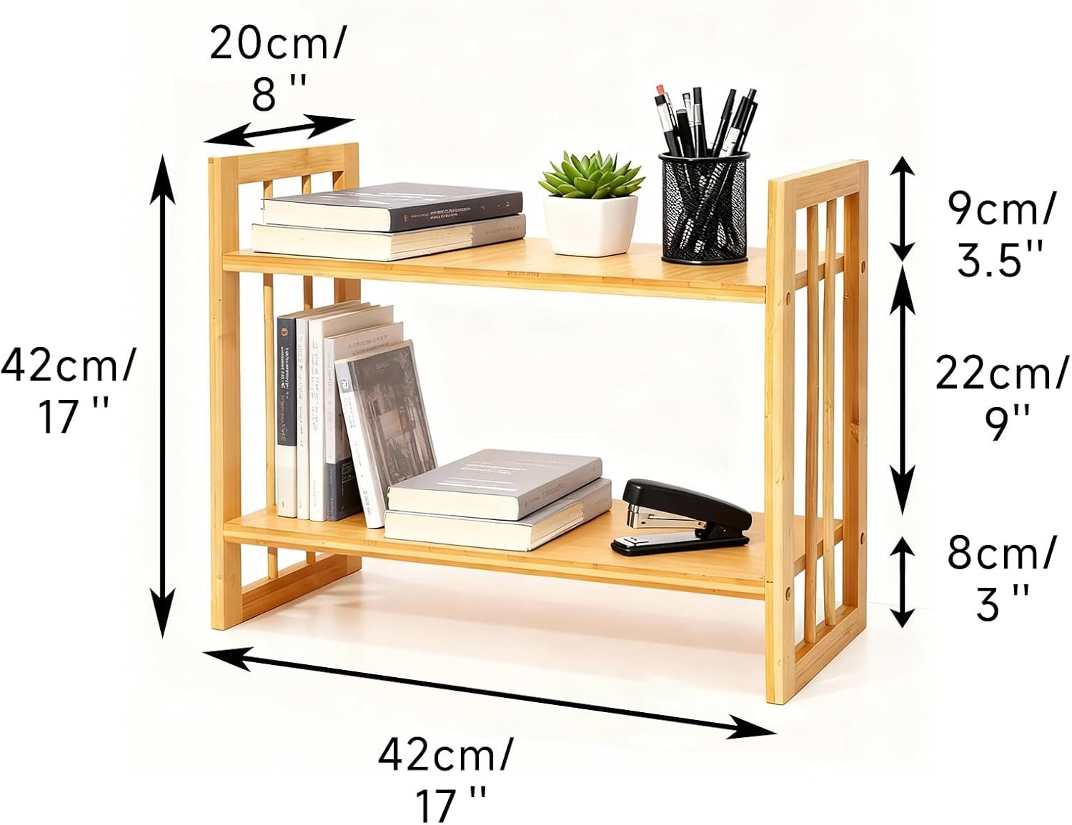 Desktop Shelf Organizer, 2 Tier Bamboo Desk Bookshelf, Desk Top Storage Rack for Office, Dorm, or Bedroom Decor, Small Tabletop Shelf for Books, Plants & Accessories - Image 3