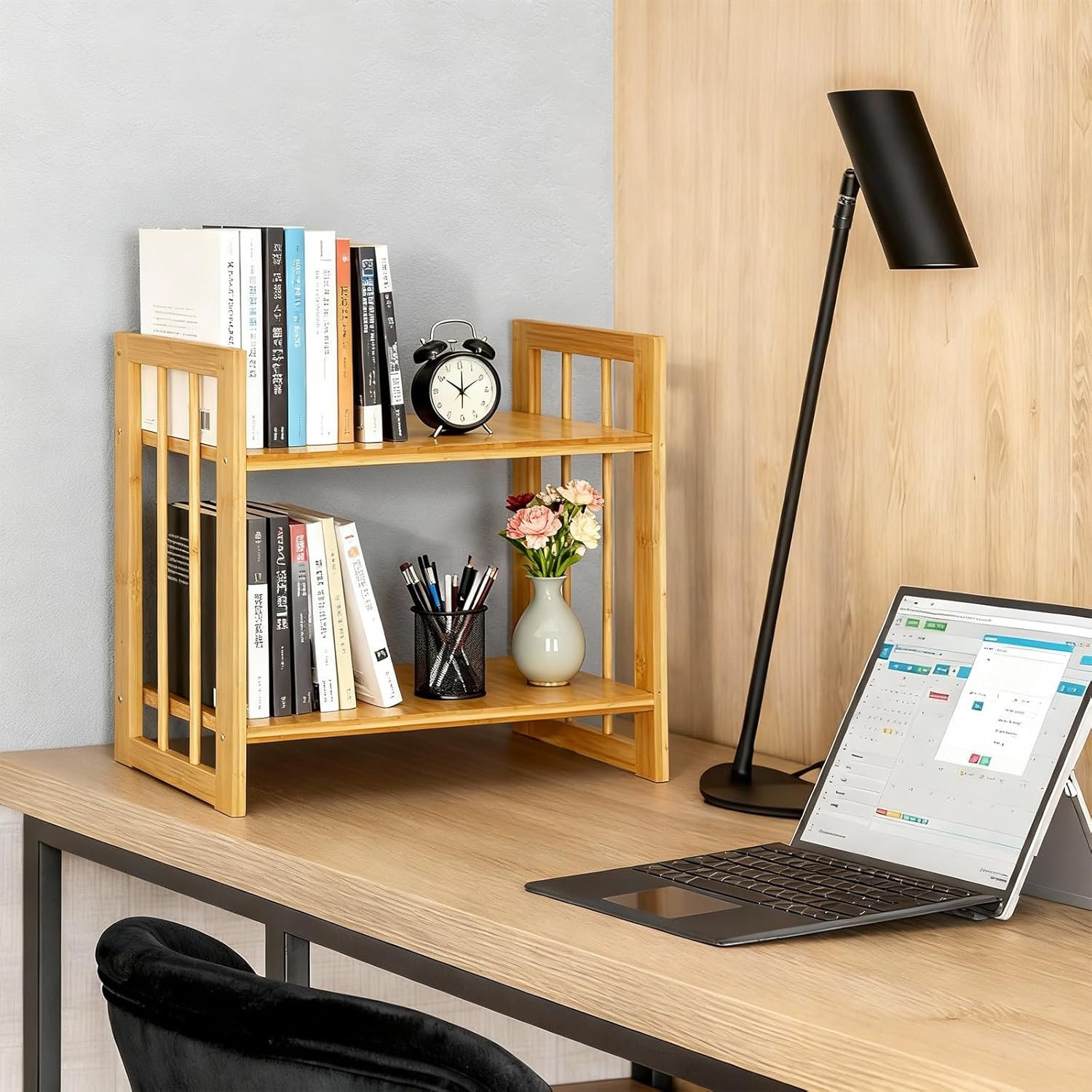 Desktop Shelf Organizer, 2 Tier Bamboo Desk Bookshelf, Desk Top Storage Rack for Office, Dorm, or Bedroom Decor, Small Tabletop Shelf for Books, Plants & Accessories - Image 4