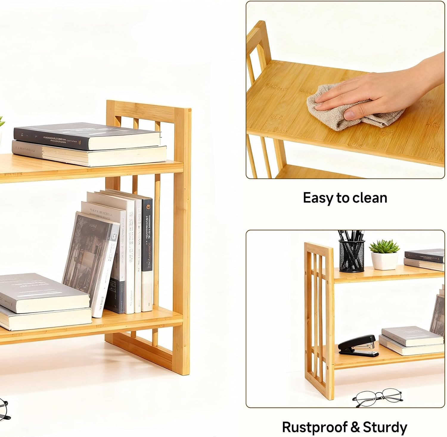 Desktop Shelf Organizer, 2 Tier Bamboo Desk Bookshelf, Desk Top Storage Rack for Office, Dorm, or Bedroom Decor, Small Tabletop Shelf for Books, Plants & Accessories - Image 6