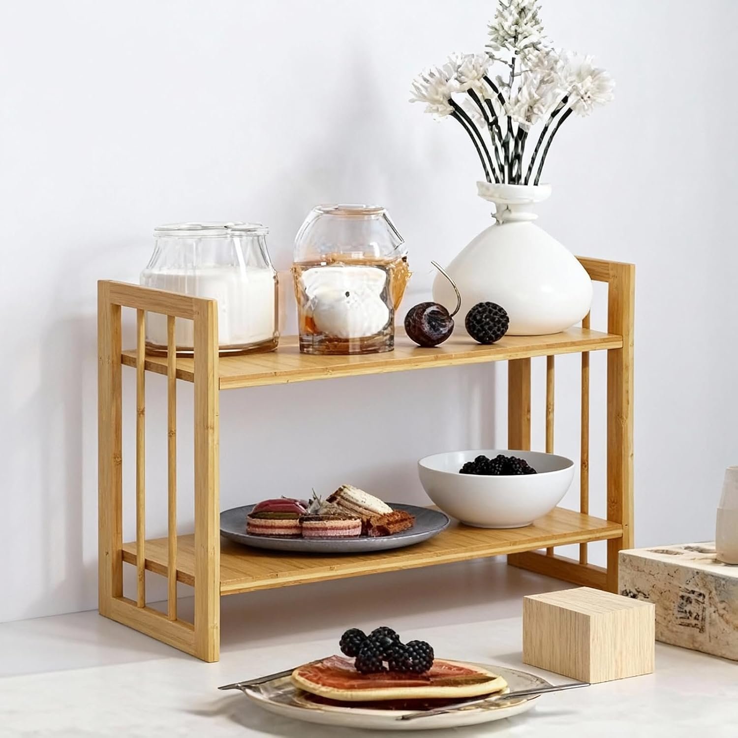 Desktop Shelf Organizer, 2 Tier Bamboo Desk Bookshelf, Desk Top Storage Rack for Office, Dorm, or Bedroom Decor, Small Tabletop Shelf for Books, Plants & Accessories - Image 7