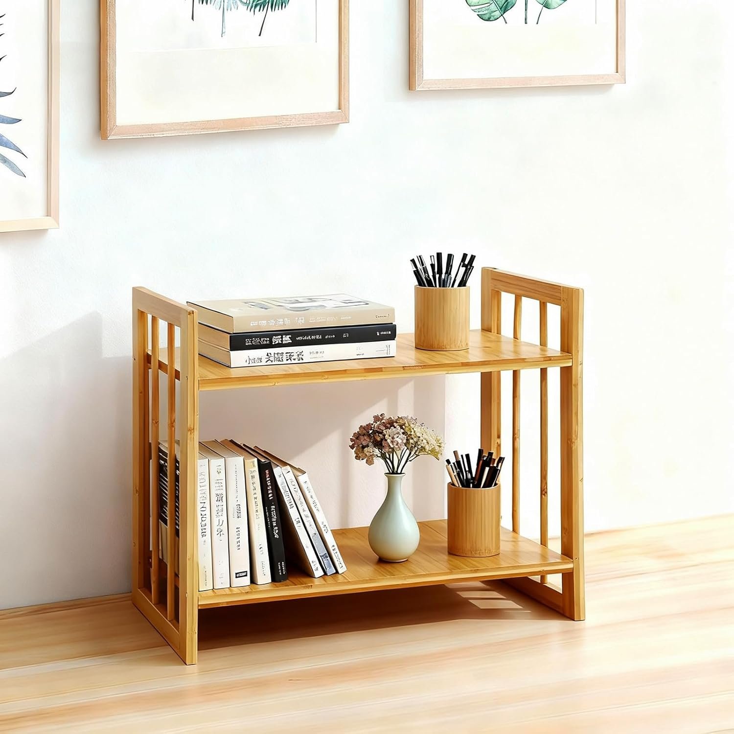 Desktop Shelf Organizer, 2 Tier Bamboo Desk Bookshelf, Desk Top Storage Rack for Office, Dorm, or Bedroom Decor, Small Tabletop Shelf for Books, Plants & Accessories - Image 8