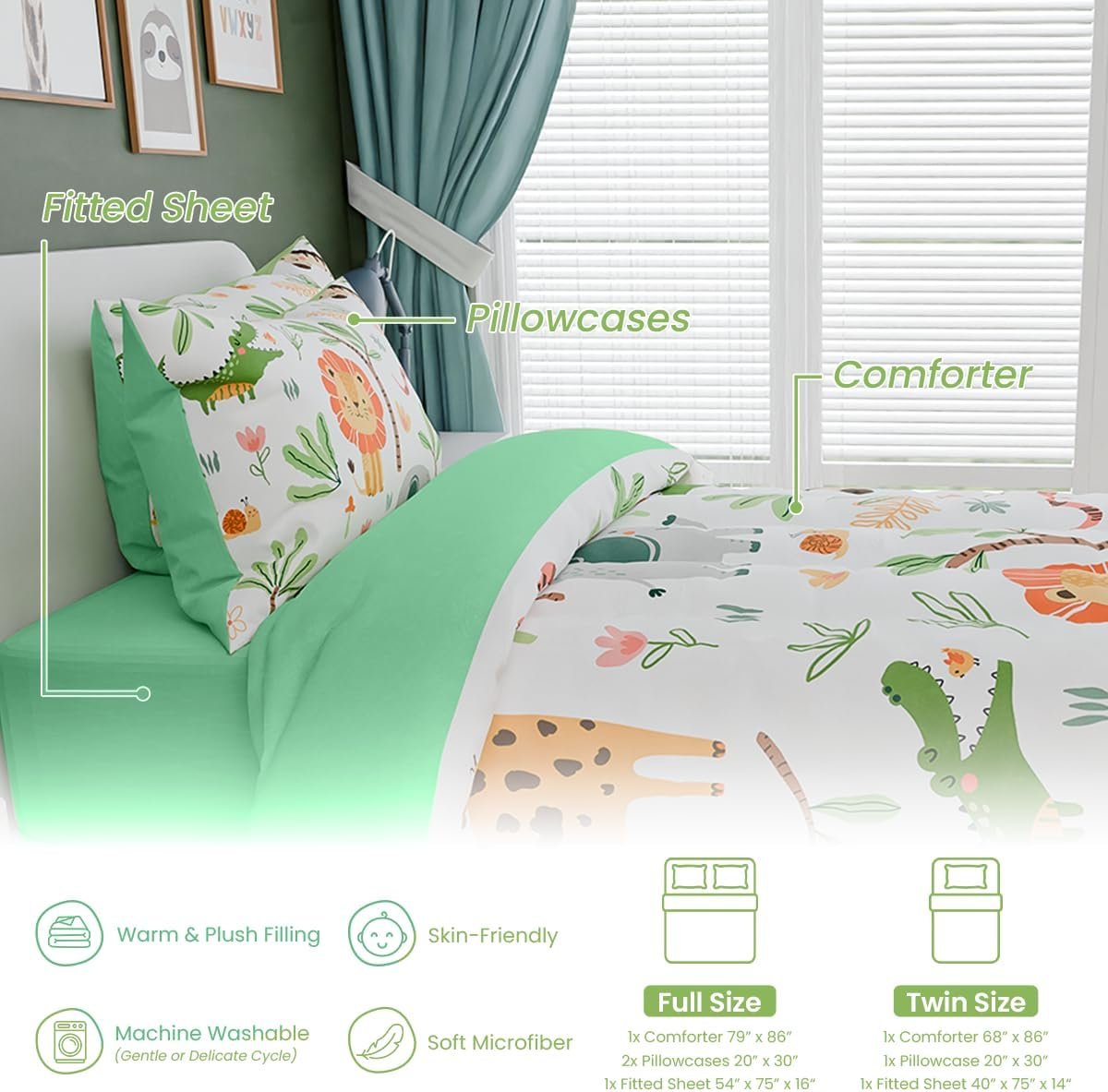 Jungle Animal Kids Bedding Set for Boys Girls, Ultra Soft Microfiber Comforter Set Twin Size 3-Pieces, Comforters Bed Sets for Kid Tween Teen Bedroom Decor - Image 7