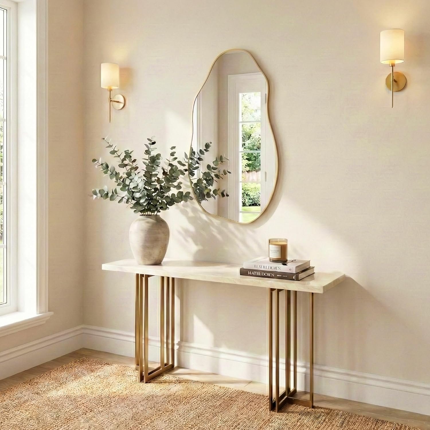 Asymmetrical Wall Mirror 36"x20", Large Irregular Wavy Mirror for Bathroom Vanity, Matte Gold Rust Proof Aluminum Frame, Tempered Glass Horizontal or Vertical Hanging for Living Room Decor - Image 3
