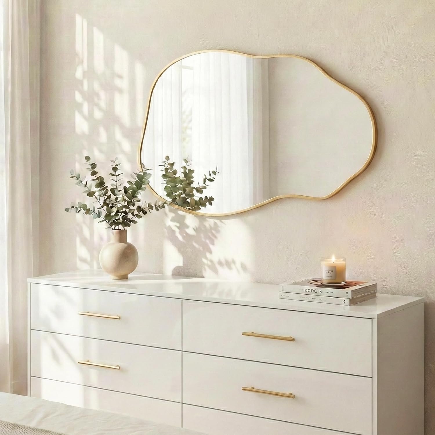 Asymmetrical Wall Mirror 36"x20", Large Irregular Wavy Mirror for Bathroom Vanity, Matte Gold Rust Proof Aluminum Frame, Tempered Glass Horizontal or Vertical Hanging for Living Room Decor - Image 4