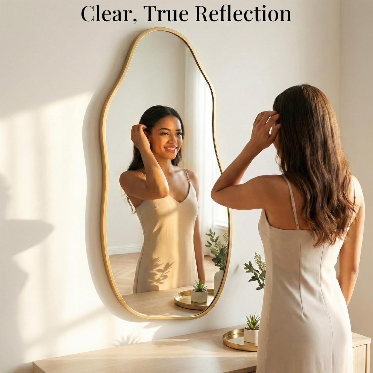 Asymmetrical Wall Mirror 36"x20", Large Irregular Wavy Mirror for Bathroom Vanity, Matte Gold Rust Proof Aluminum Frame, Tempered Glass Horizontal or Vertical Hanging for Living Room Decor - Image 7