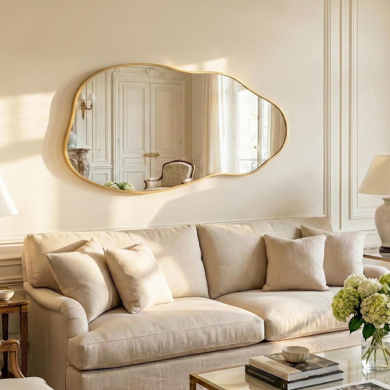 Asymmetrical Wall Mirror 36"x20", Large Irregular Wavy Mirror for Bathroom Vanity, Matte Gold Rust Proof Aluminum Frame, Tempered Glass Horizontal or Vertical Hanging for Living Room Decor - Image 8