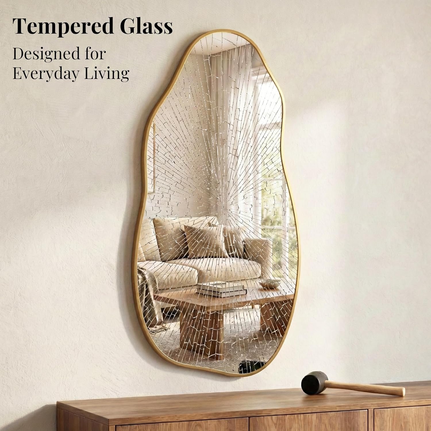 Asymmetrical Wall Mirror 36"x20", Large Irregular Wavy Mirror for Bathroom Vanity, Matte Gold Rust Proof Aluminum Frame, Tempered Glass Horizontal or Vertical Hanging for Living Room Decor - Image 9