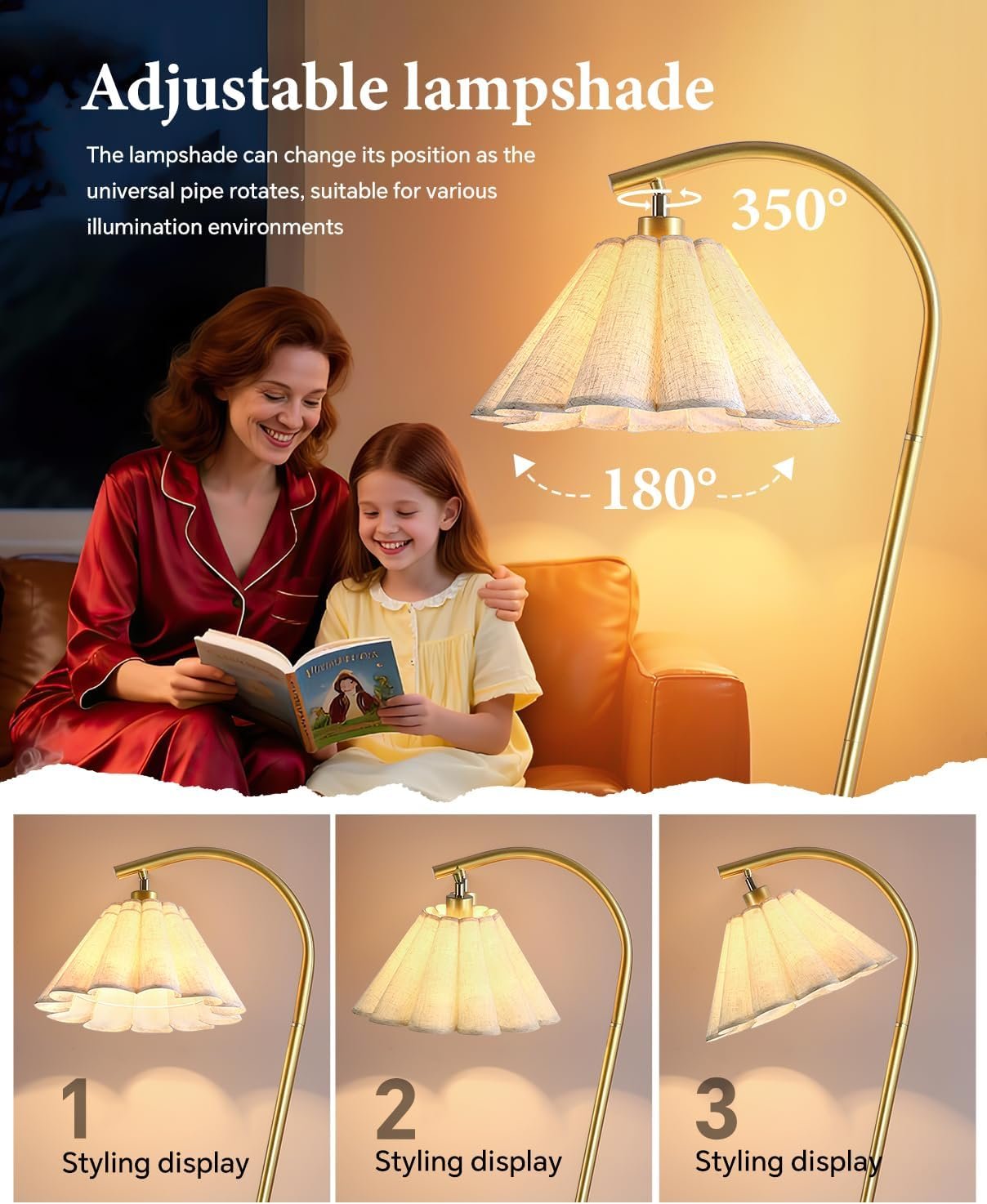 Floor Lamp with Pleated Linen Lampshade, Modern Flower Floor Lamp for Living Room Arc Standing Lamp, Gold Tall Lamp for Bedroom Office Dining Room, Bulb Included (Gold + Flax Color, 66.1IN) - Image 3
