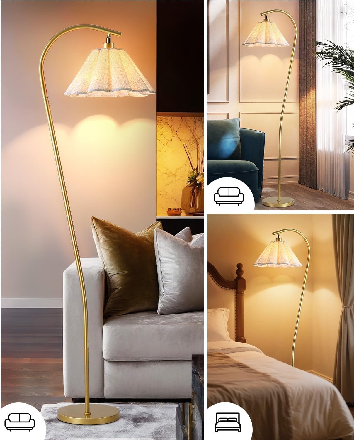 Floor Lamp with Pleated Linen Lampshade, Modern Flower Floor Lamp for Living Room Arc Standing Lamp, Gold Tall Lamp for Bedroom Office Dining Room, Bulb Included (Gold + Flax Color, 66.1IN) - Image 4