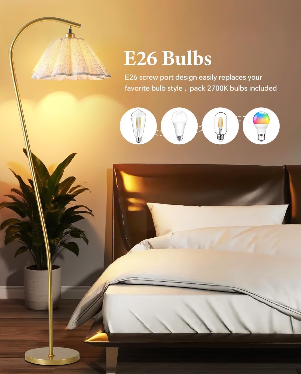 Floor Lamp with Pleated Linen Lampshade, Modern Flower Floor Lamp for Living Room Arc Standing Lamp, Gold Tall Lamp for Bedroom Office Dining Room, Bulb Included (Gold + Flax Color, 66.1IN) - Image 8