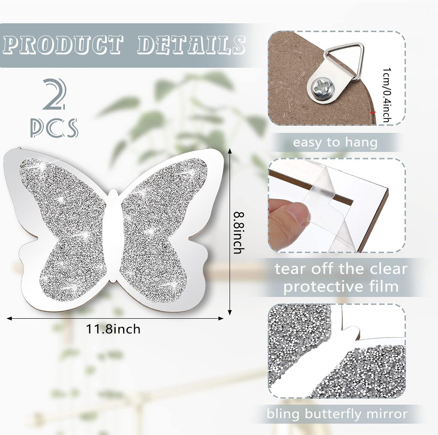 Vesici 2 Pieces Butterfly Shaped Mirror Crystal Crushed Diamond Silver Mirror Silver Wall Decor for Living Room Modern Decorative Artwork for Nursery Wedding Decor(11.8 x 8.8 Inch) - Image 3