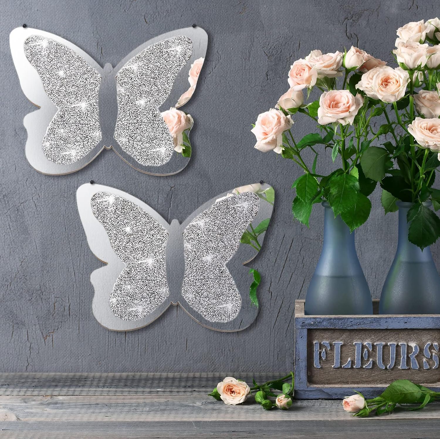 Vesici 2 Pieces Butterfly Shaped Mirror Crystal Crushed Diamond Silver Mirror Silver Wall Decor for Living Room Modern Decorative Artwork for Nursery Wedding Decor(11.8 x 8.8 Inch) - Image 4