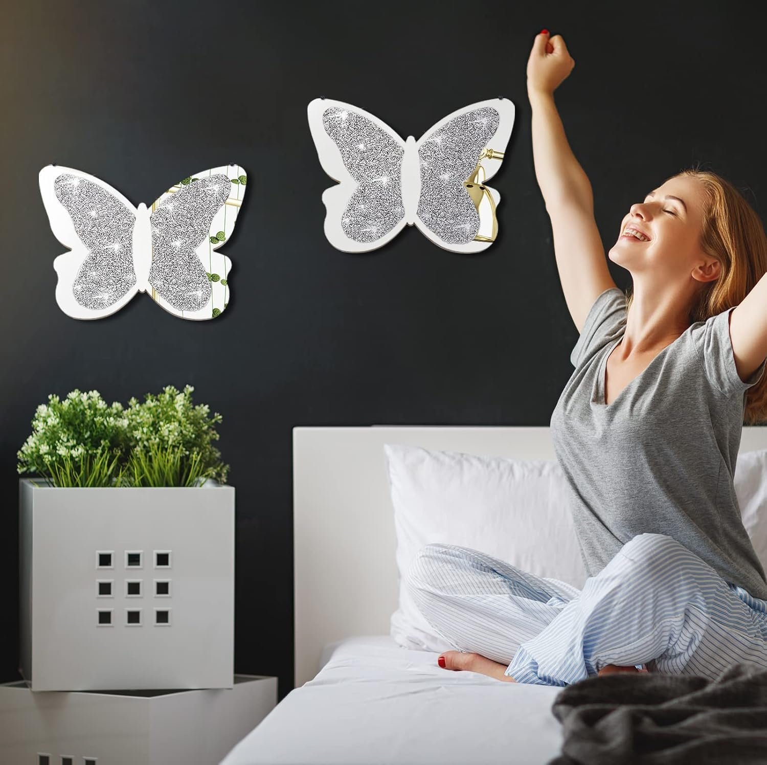 Vesici 2 Pieces Butterfly Shaped Mirror Crystal Crushed Diamond Silver Mirror Silver Wall Decor for Living Room Modern Decorative Artwork for Nursery Wedding Decor(11.8 x 8.8 Inch) - Image 5