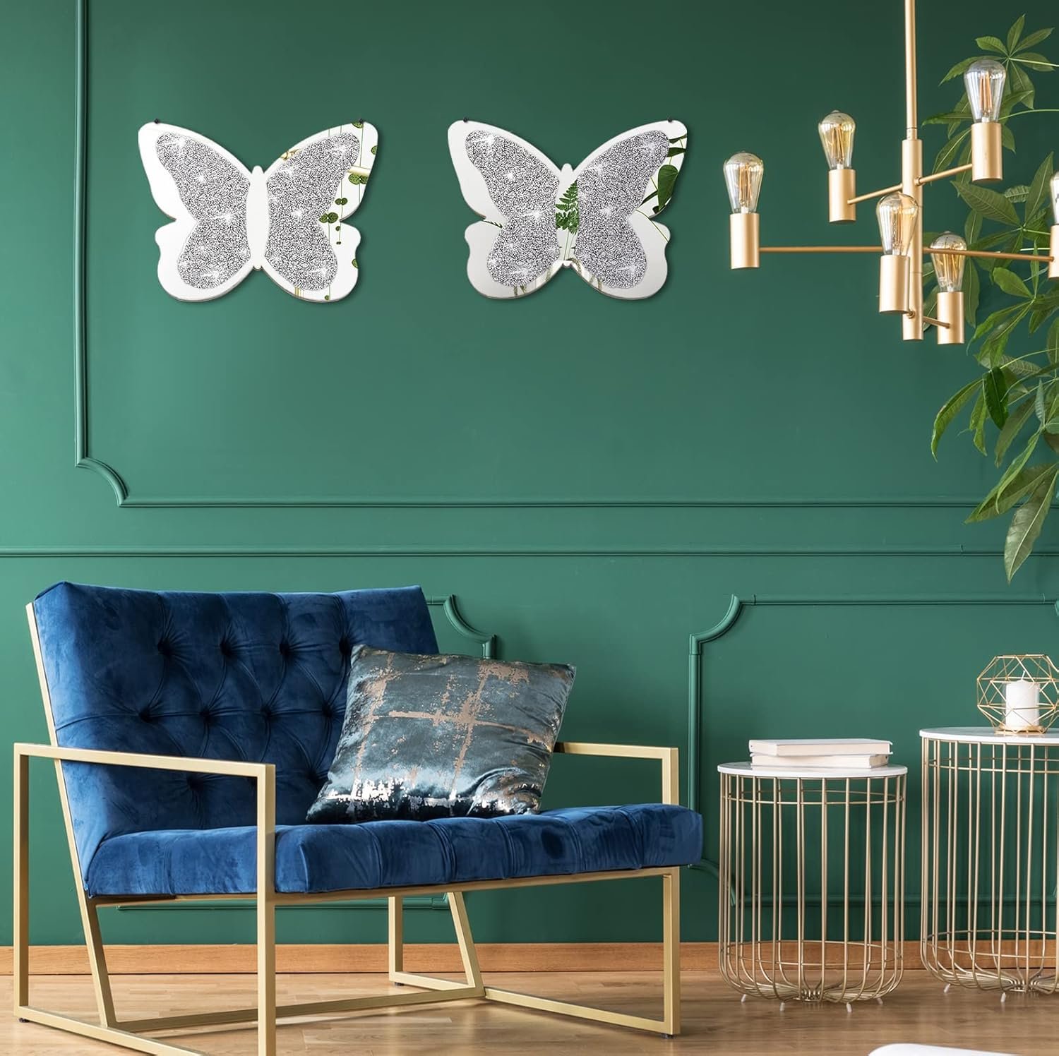Vesici 2 Pieces Butterfly Shaped Mirror Crystal Crushed Diamond Silver Mirror Silver Wall Decor for Living Room Modern Decorative Artwork for Nursery Wedding Decor(11.8 x 8.8 Inch) - Image 6