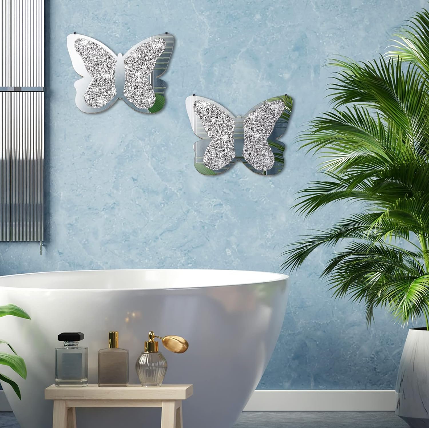 Vesici 2 Pieces Butterfly Shaped Mirror Crystal Crushed Diamond Silver Mirror Silver Wall Decor for Living Room Modern Decorative Artwork for Nursery Wedding Decor(11.8 x 8.8 Inch) - Image 7