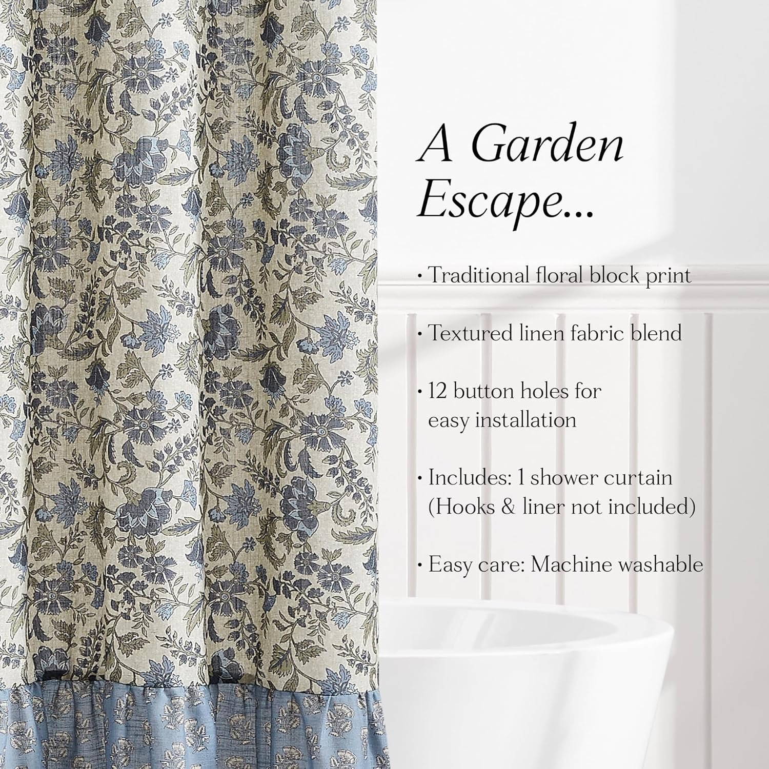 Lush Decor Lillian Block Print Linen Textured Shower Curtain Single 72" W x 72" L Blue & Sage - Vintage Floral Shower Curtains - Ruffled Bath Curtain - Image 3